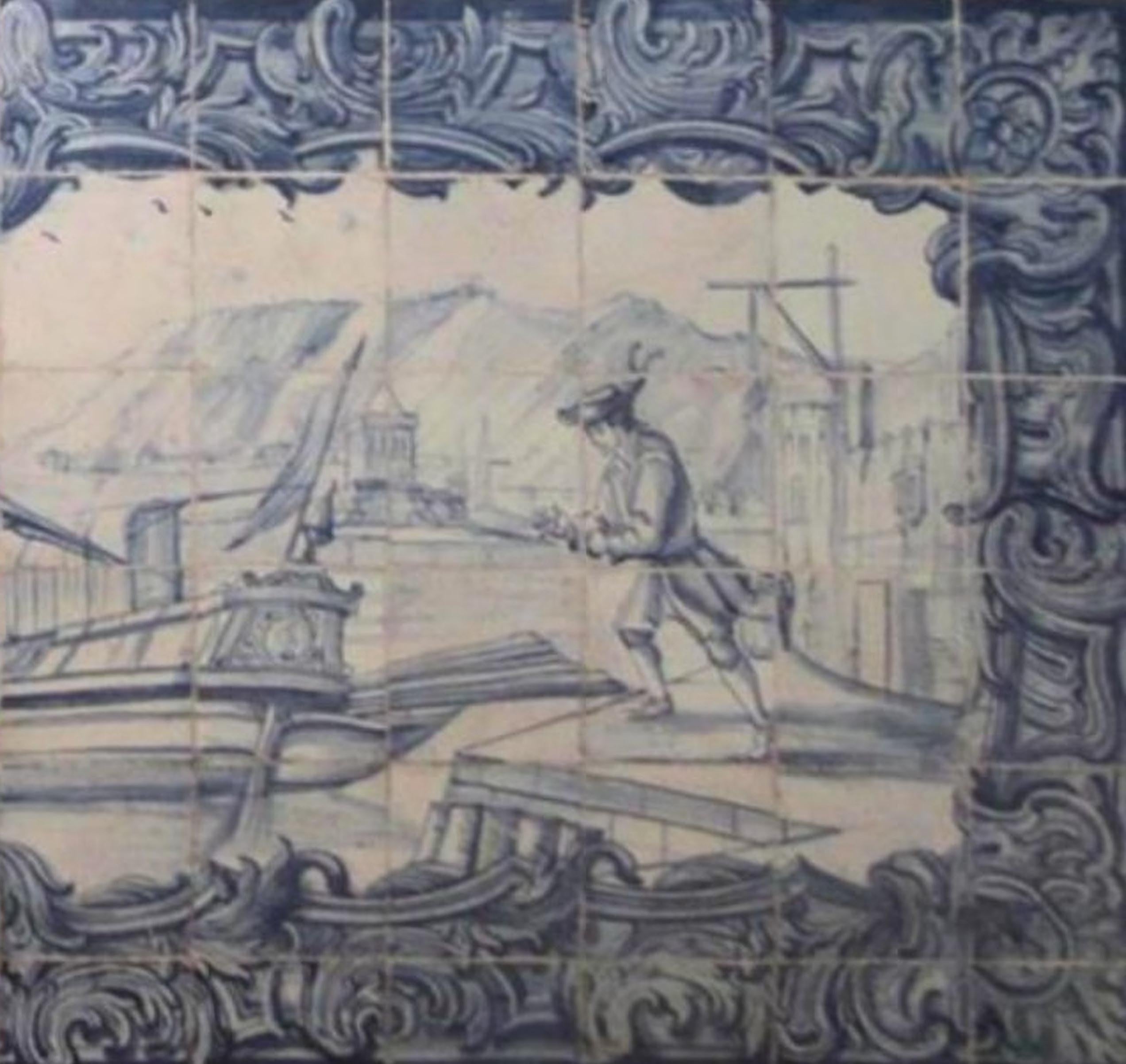 Baroque Panneau portugais du 18ème siècle « Azulejos » « Scène de rivière » en vente