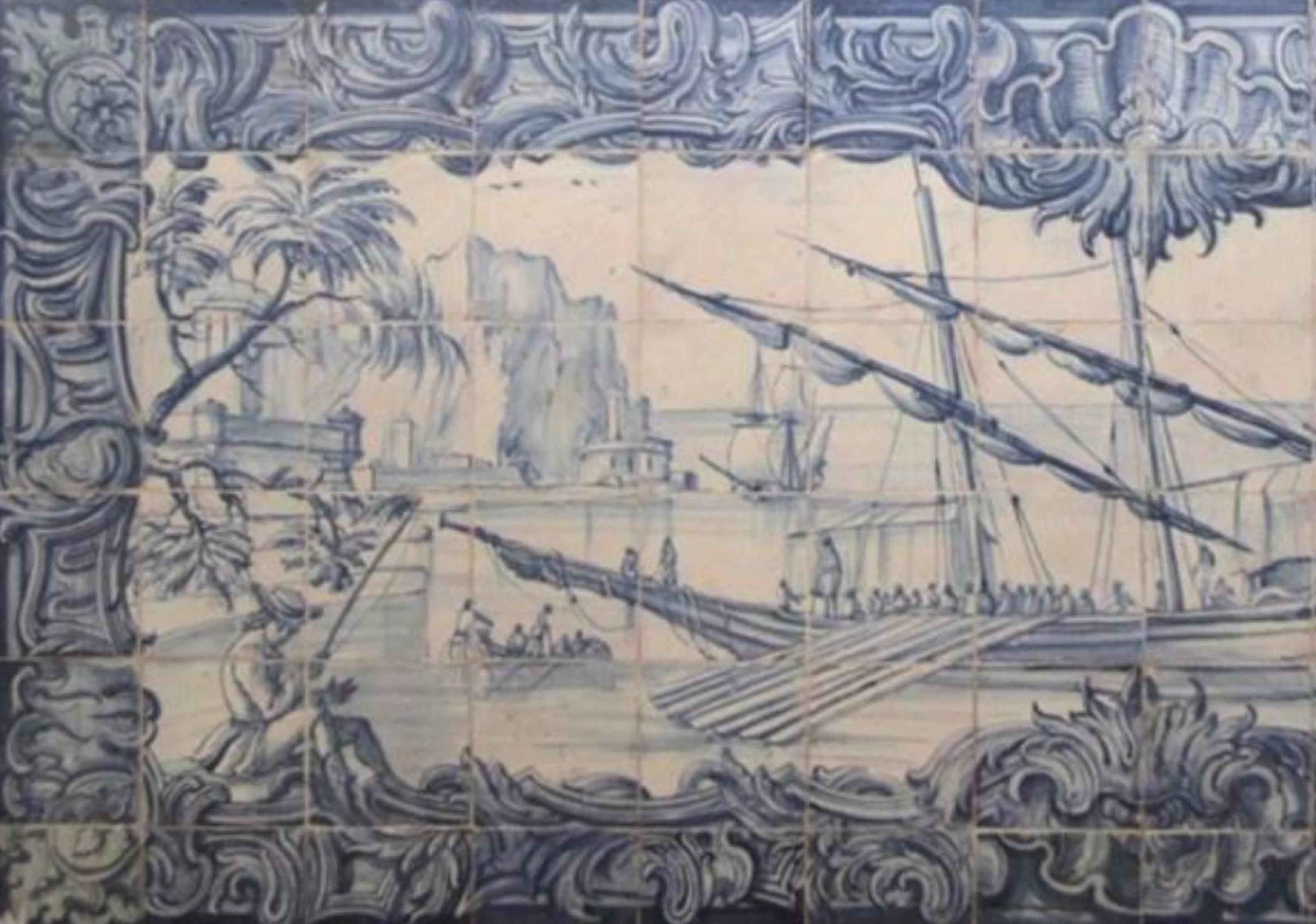 Portugais Panneau portugais du 18ème siècle « Azulejos » « Scène de rivière » en vente