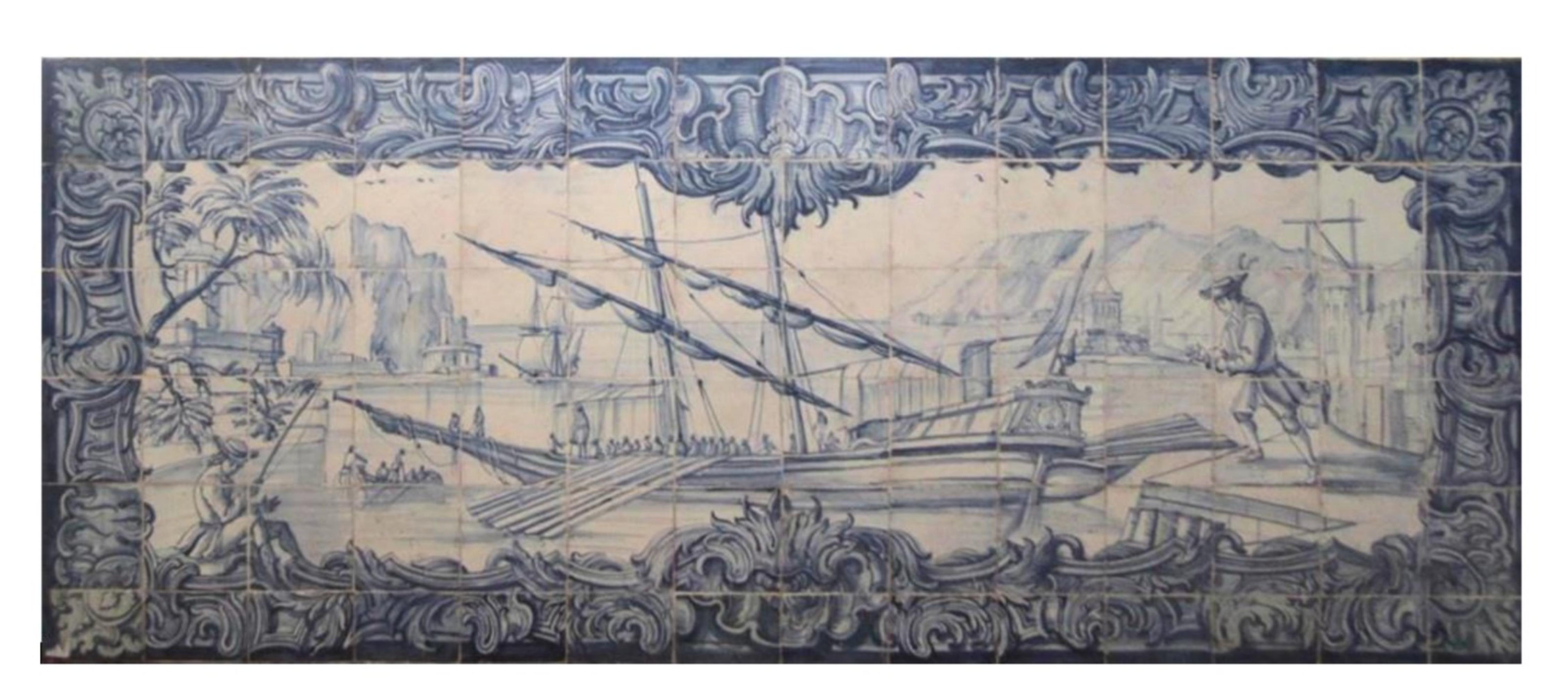 Fait main Panneau portugais du 18ème siècle « Azulejos » « Scène de rivière » en vente