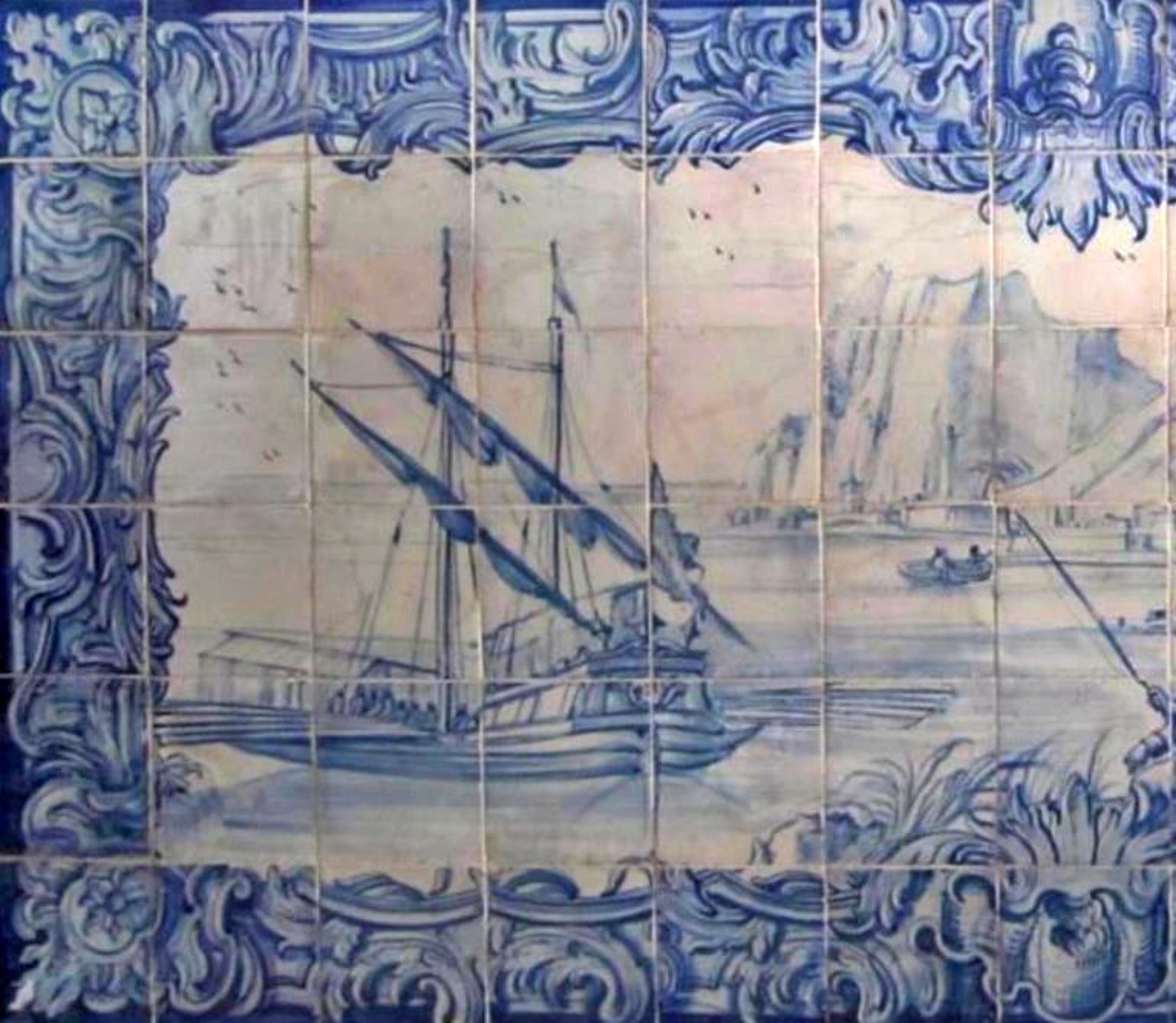 Baroque Panneau portugais du 18e siècle Azulejos « Scène de rivière » en vente