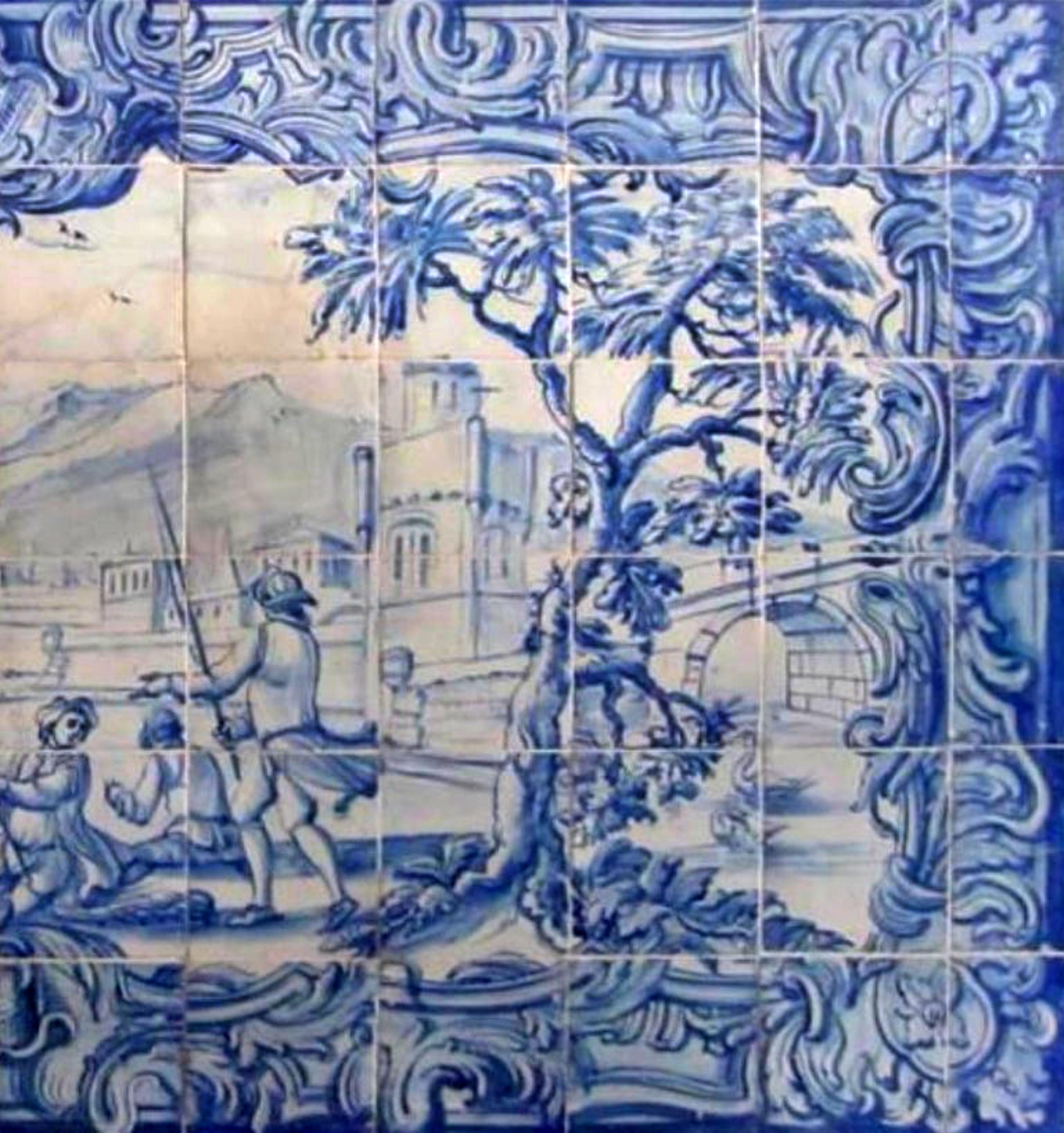 Portugais Panneau portugais du 18e siècle Azulejos « Scène de rivière » en vente