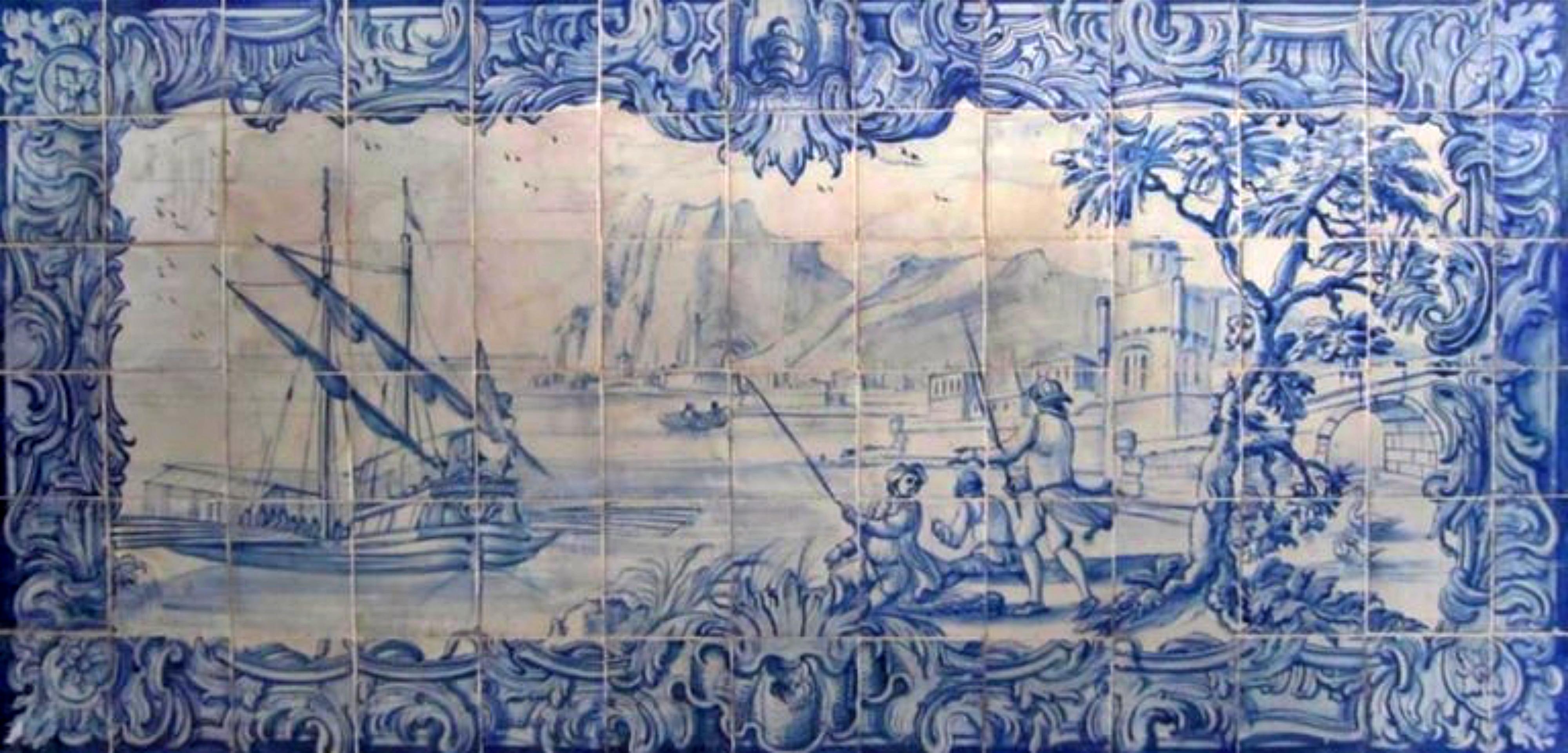 Fait main Panneau portugais du 18e siècle Azulejos « Scène de rivière » en vente