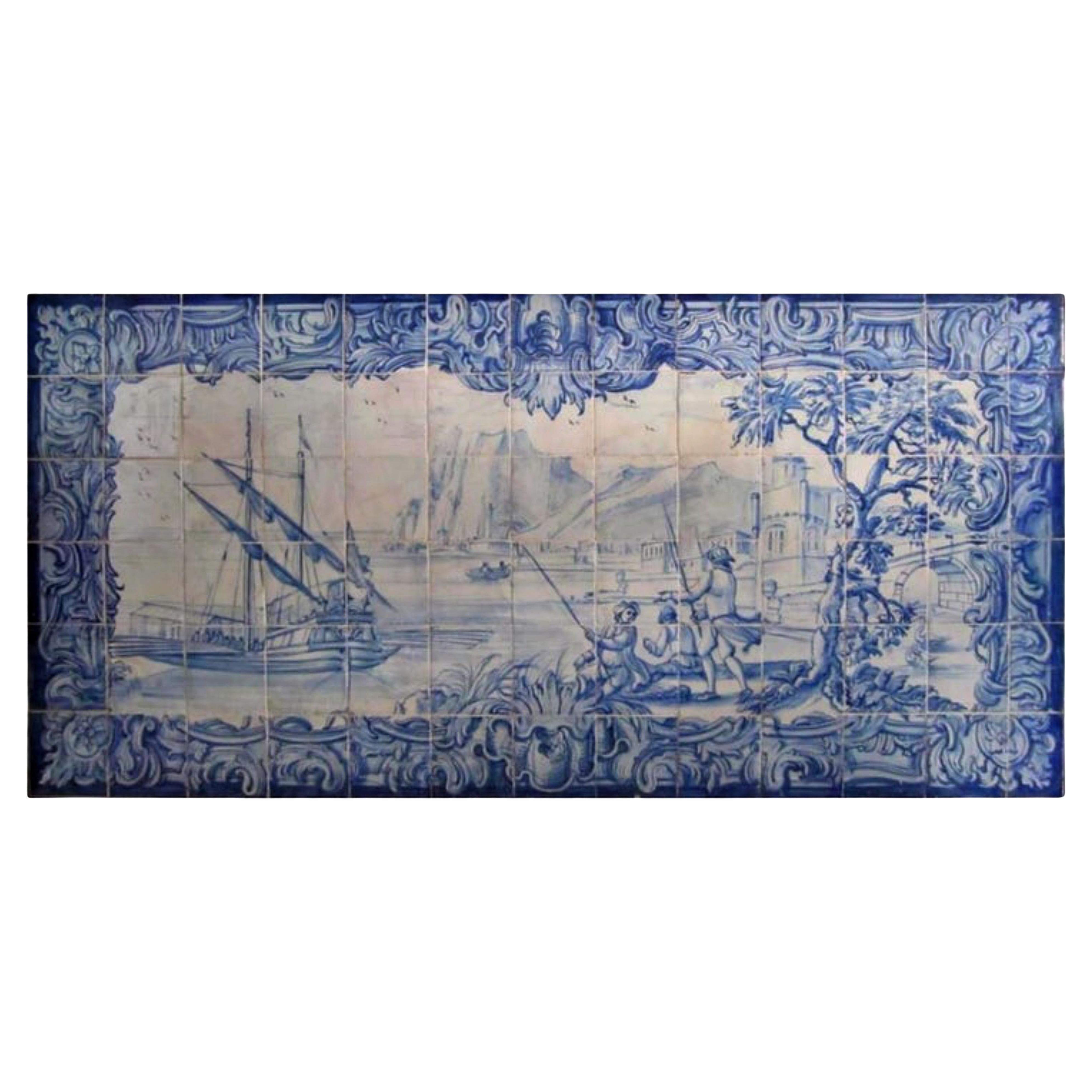 Pannello portoghese "Azulejos" del XVIII secolo, "Scena di fiume".
