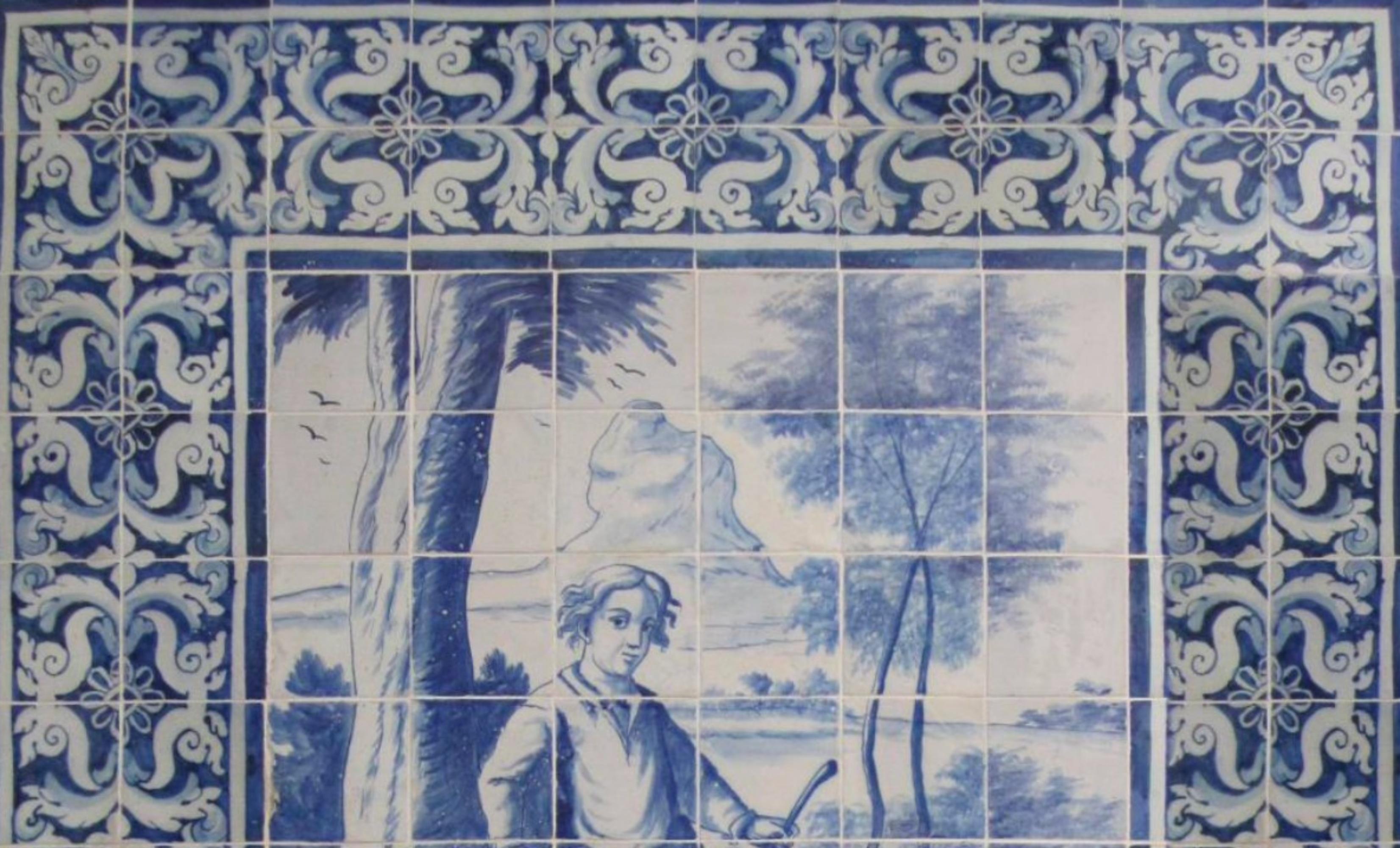 Baroque Panneau portugais du 18ème siècle « » Azulejos « » « Le garçon et le chien » en vente