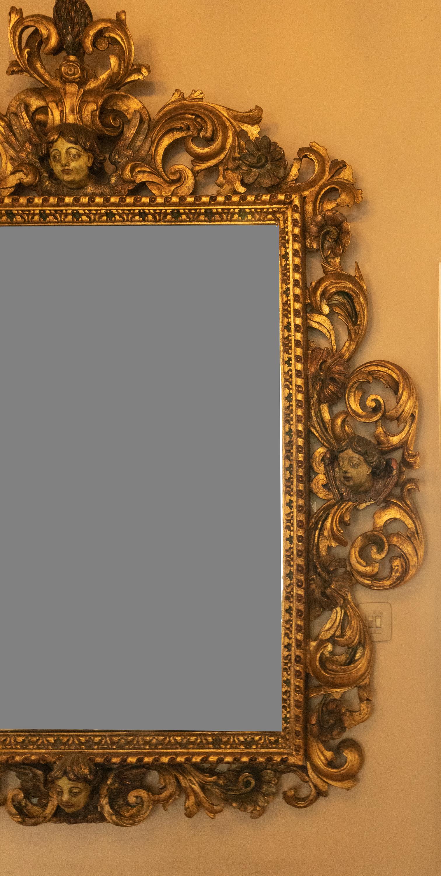 Hand-Carved 18th Century Portuguese Baroque Period Golden Gilt Mirror For Sale