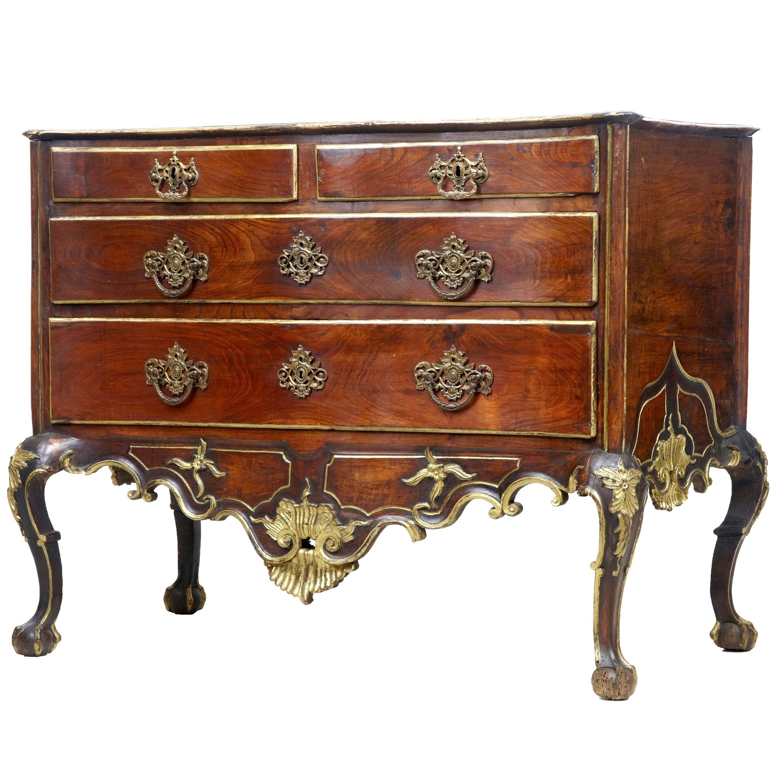 18th Century Portuguese Carved Walnut and Gilt Commode