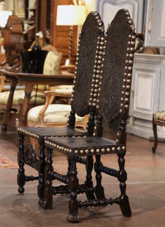 18th Century Portuguese Carved Walnut Armchair with Embossed Leather, Set of 2