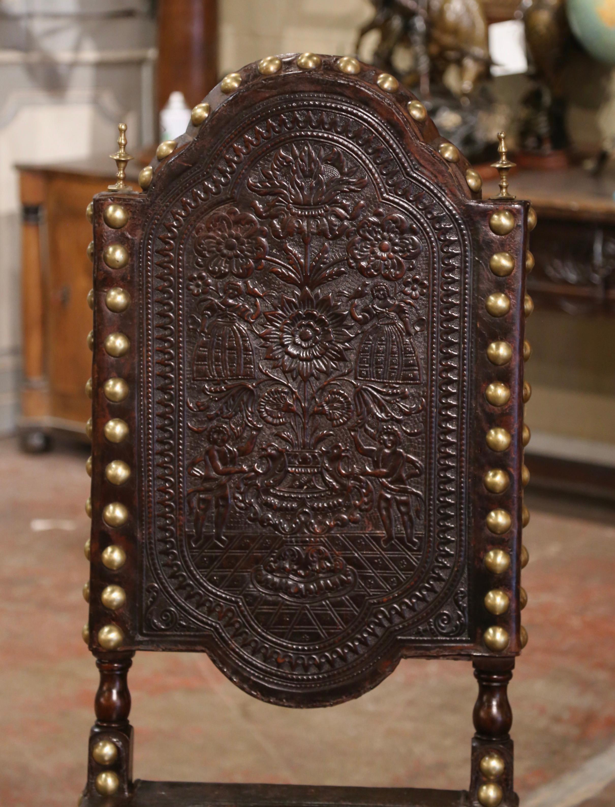 Renaissance 18th Century Portuguese Carved Walnut Chair with Embossed Leather & Brass Nails For Sale
