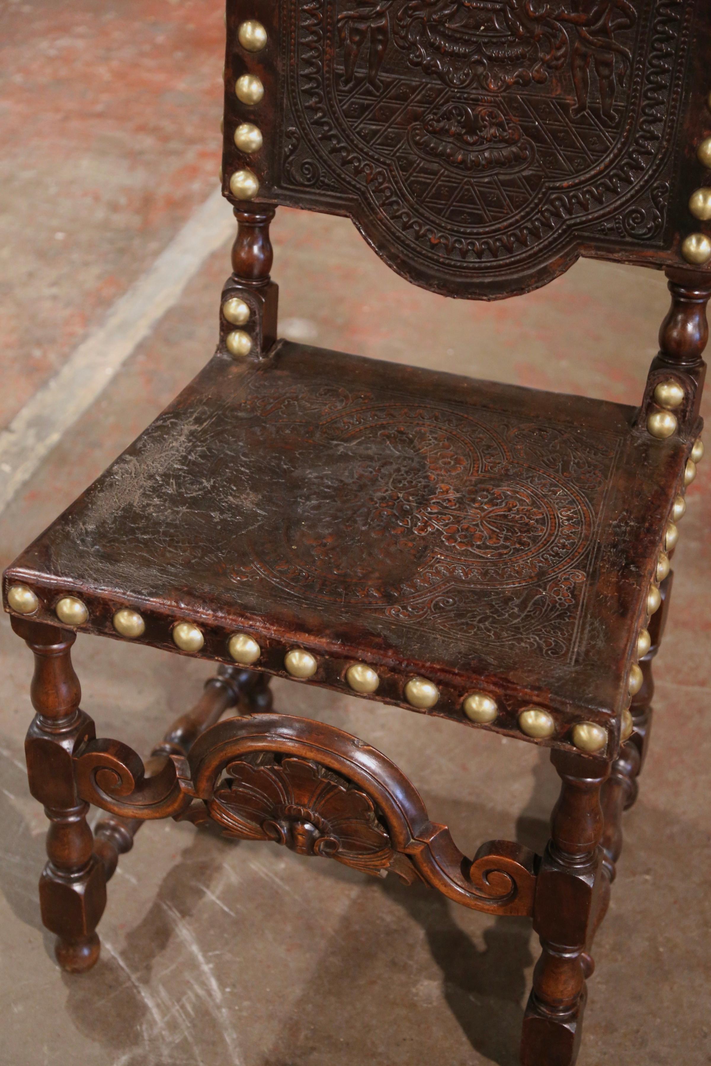 Hand-Carved 18th Century Portuguese Carved Walnut Chair with Embossed Leather & Brass Nails For Sale
