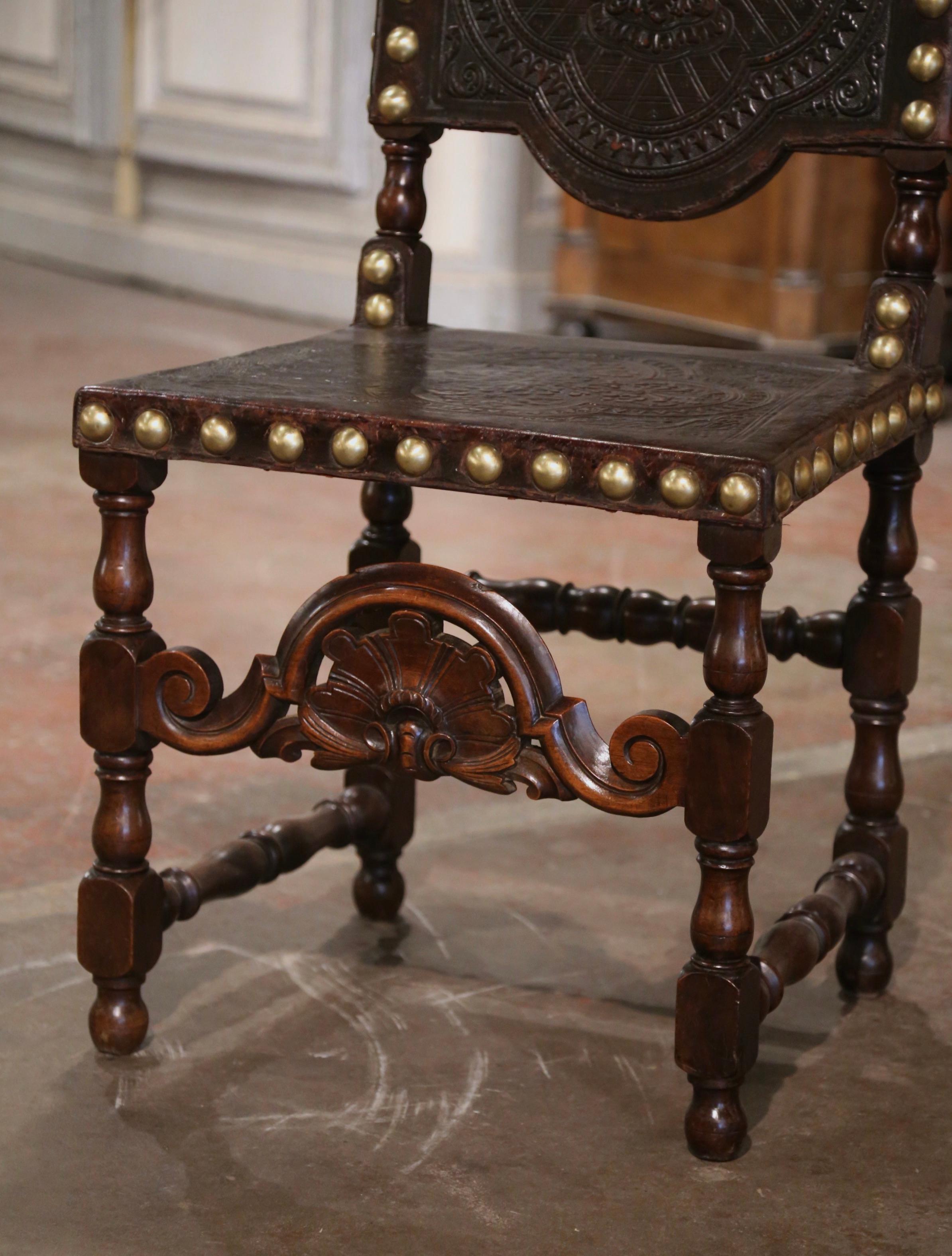 18th Century Portuguese Carved Walnut Chair with Embossed Leather & Brass Nails For Sale 1