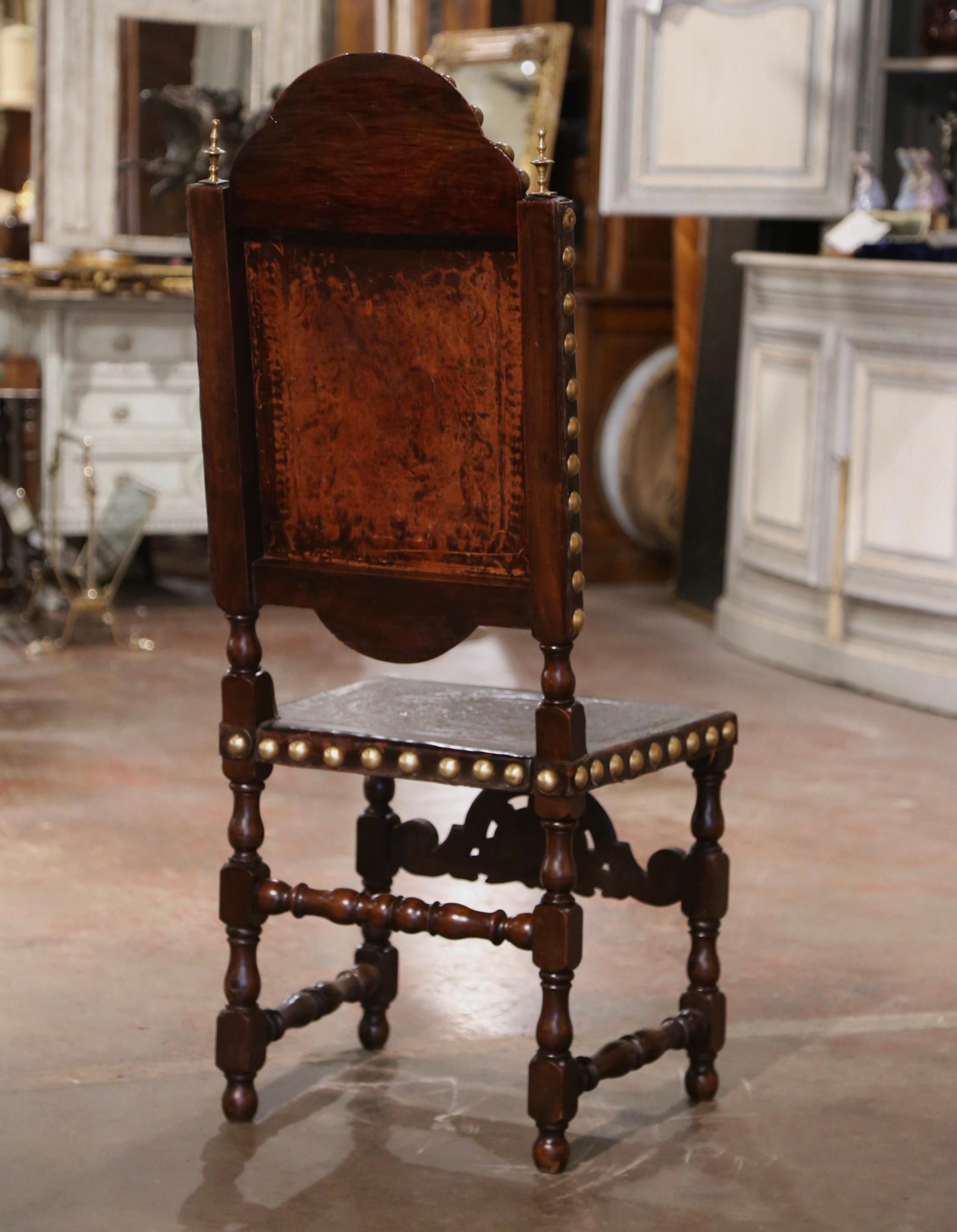 18th Century Portuguese Carved Walnut Chair with Embossed Leather & Brass Nails For Sale 2