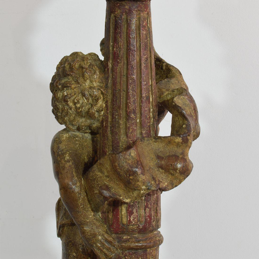 18th Century, Portuguese Carved Wood Baroque Angel with Candleholder 9