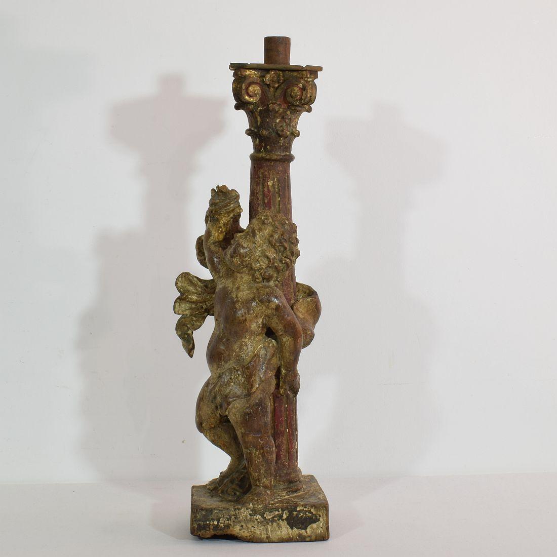 Hand-Carved 18th Century, Portuguese Carved Wood Baroque Angel with Candleholder