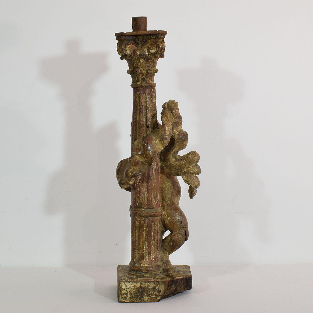 18th Century and Earlier 18th Century, Portuguese Carved Wood Baroque Angel with Candleholder