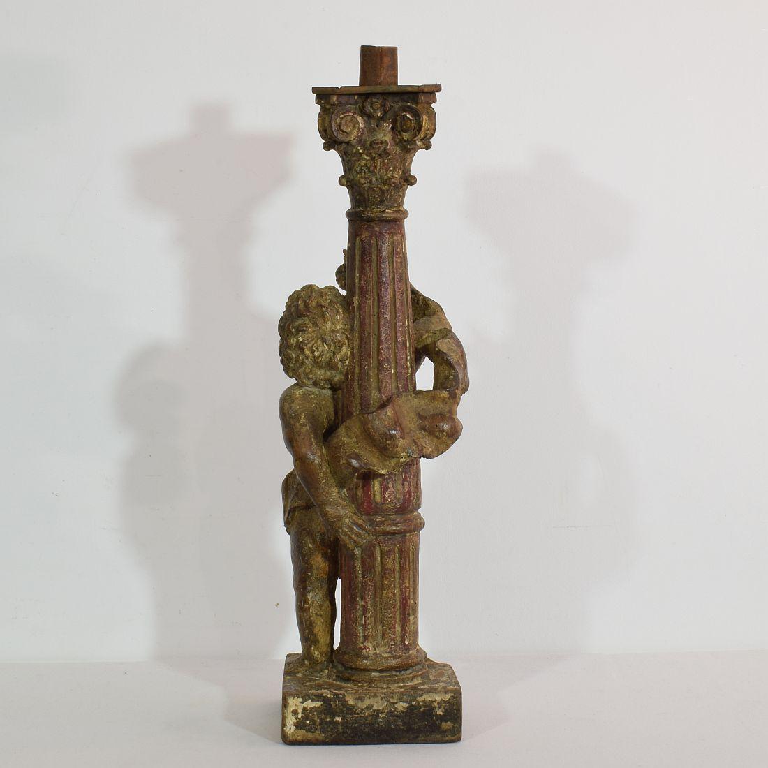 18th Century, Portuguese Carved Wood Baroque Angel with Candleholder 1