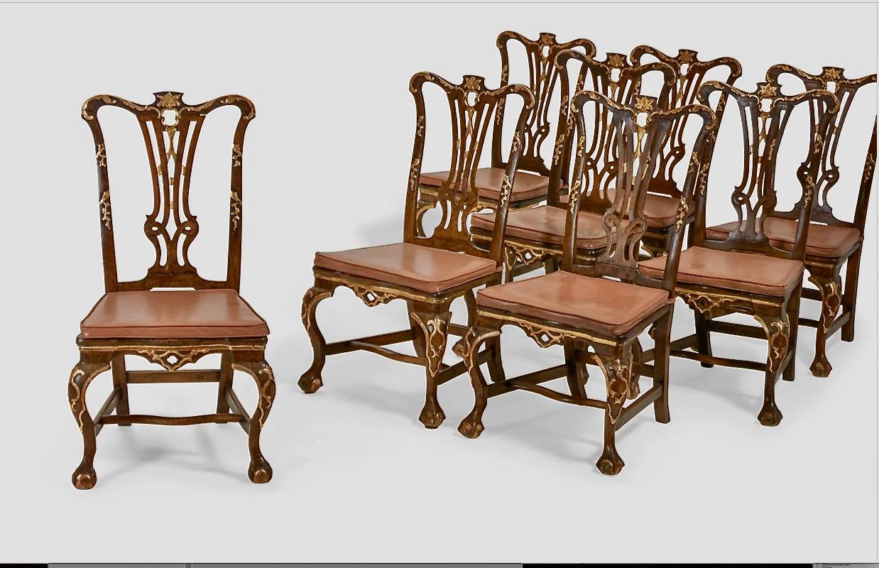 This is a superb set of 8 Mid-18th Century Portuguese Rococo dining chairs. The chairs are beautifully carved of solid walnut and are highlighted with carved acanthus leaf and other botanical detailing. The legs feature well-carved knees and claw