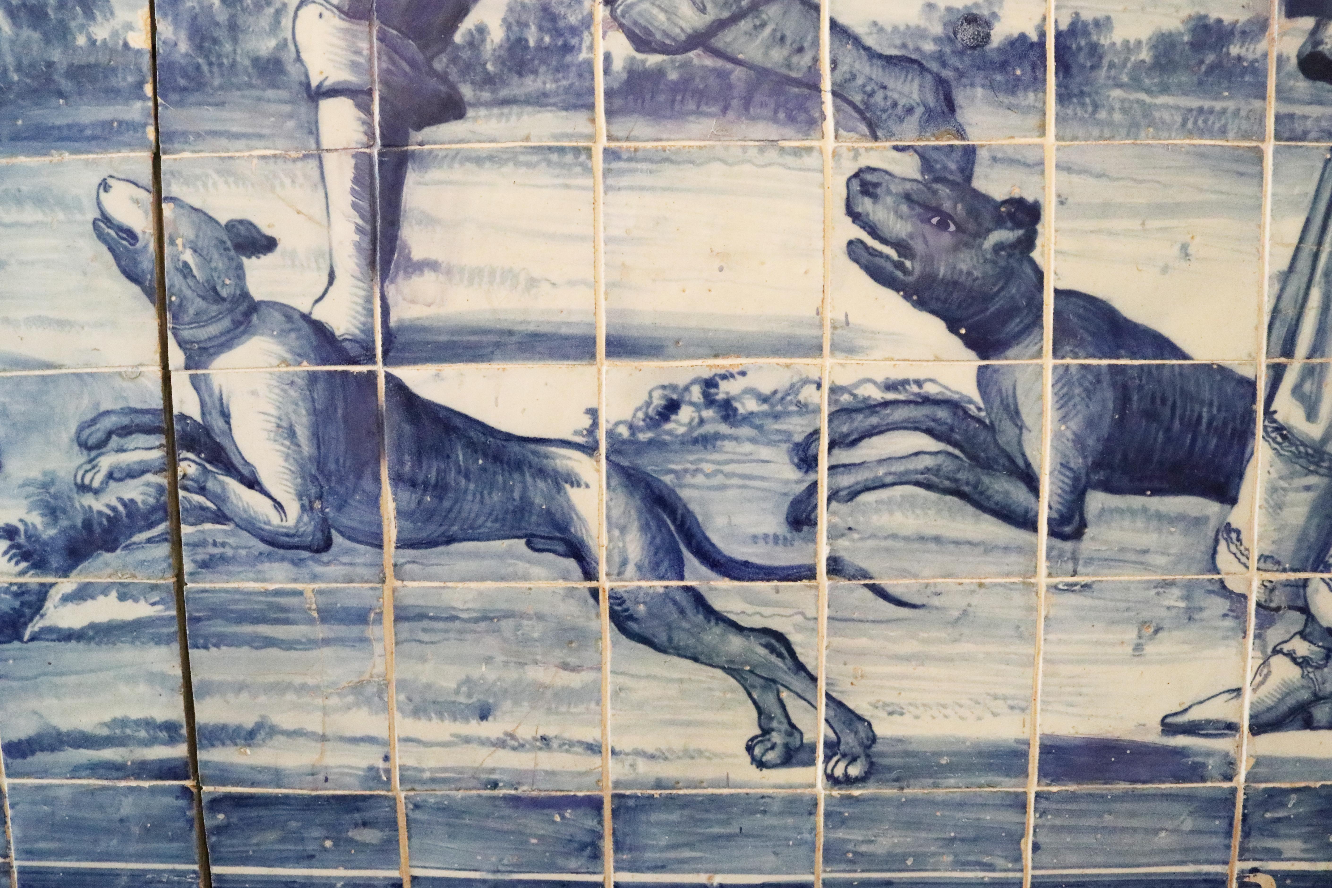 18th Century Portuguese Hunting Scene Panel in Blue and White Glazed Ceramic 5