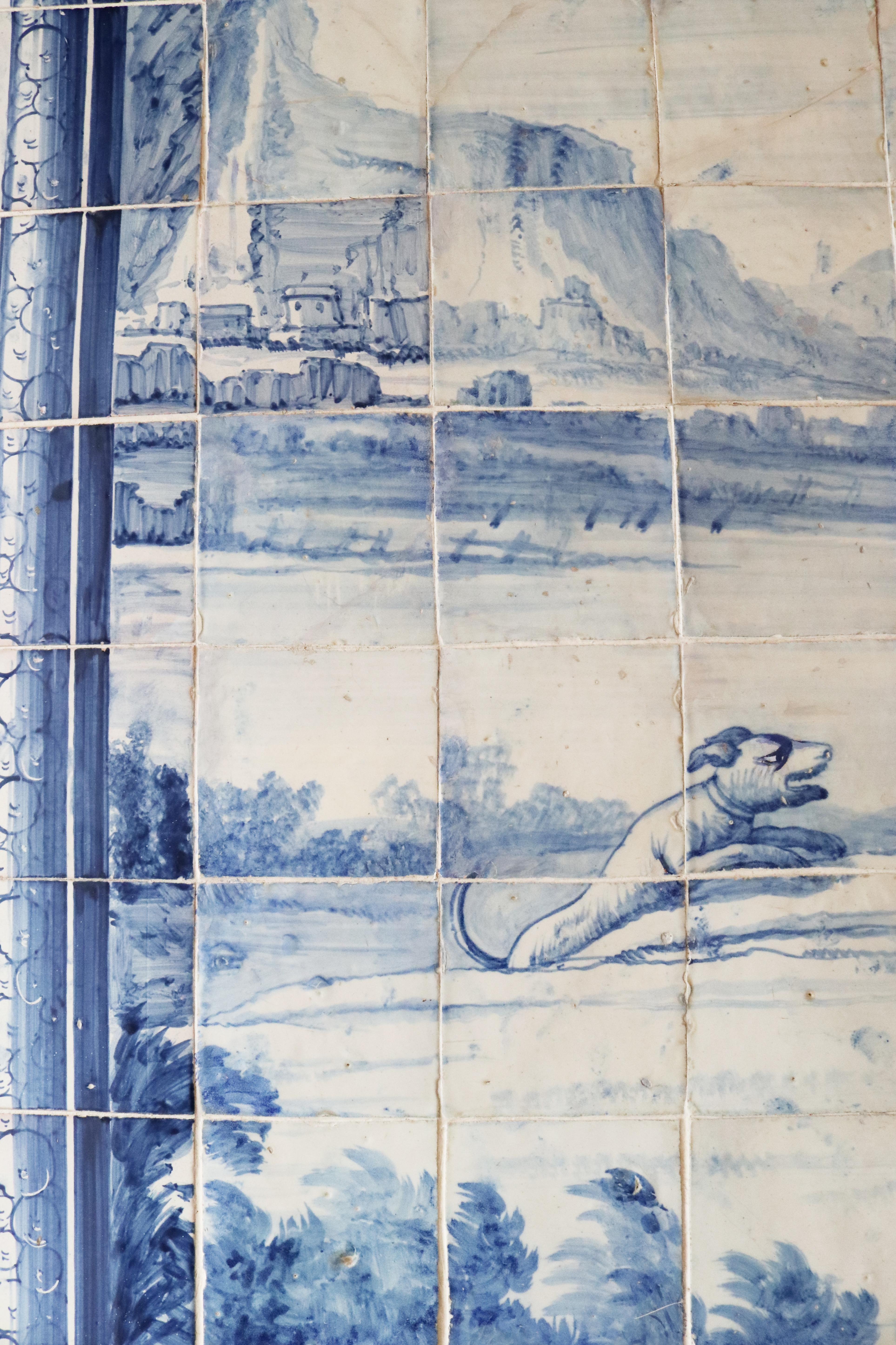 18th Century Portuguese Hunting Scene Panel in Blue and White Glazed Ceramic 1