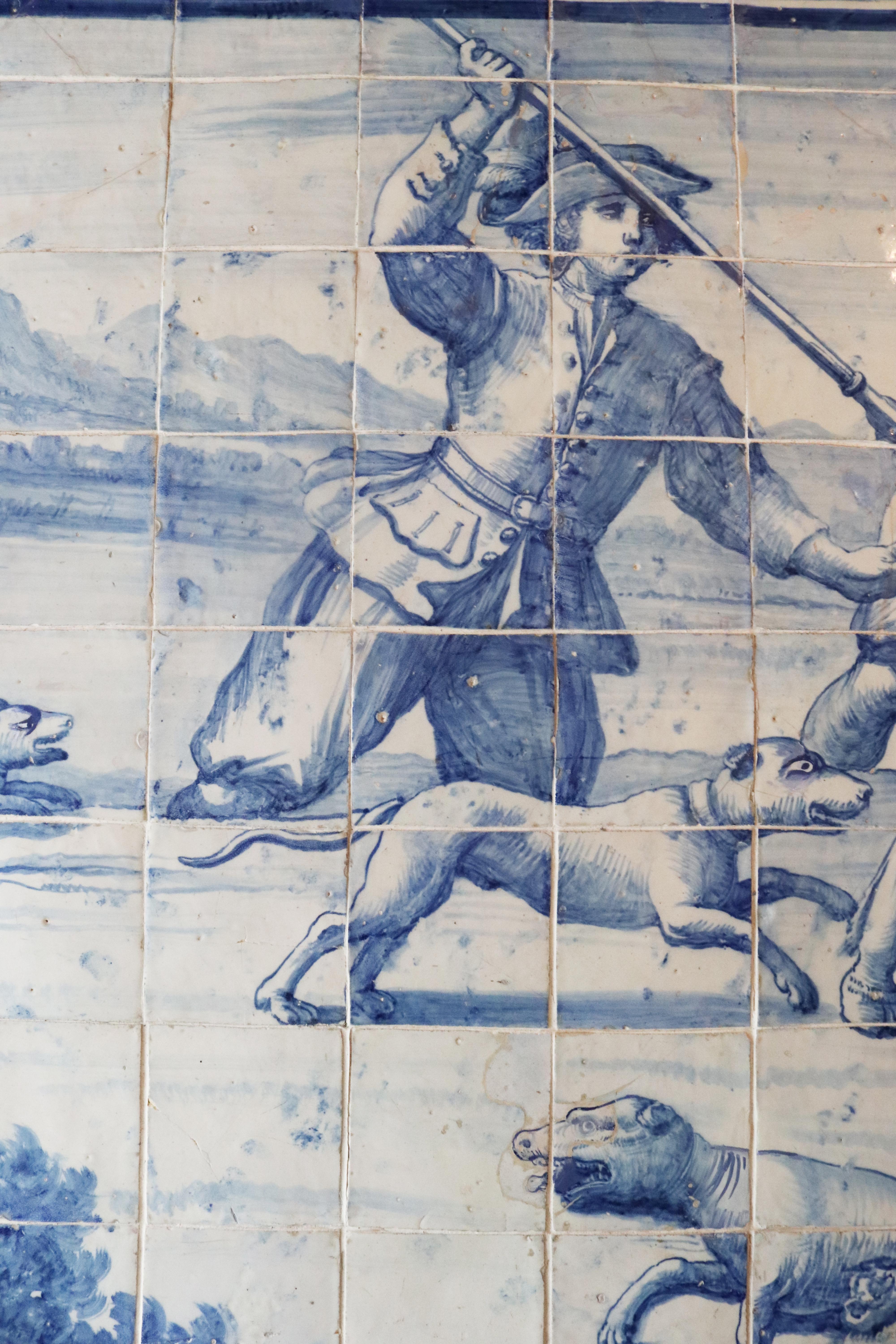 18th Century Portuguese Hunting Scene Panel in Blue and White Glazed Ceramic 2