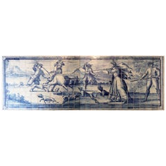 Antique 18th Century Portuguese Hunting Scene Panel in Blue and White Glazed Ceramic