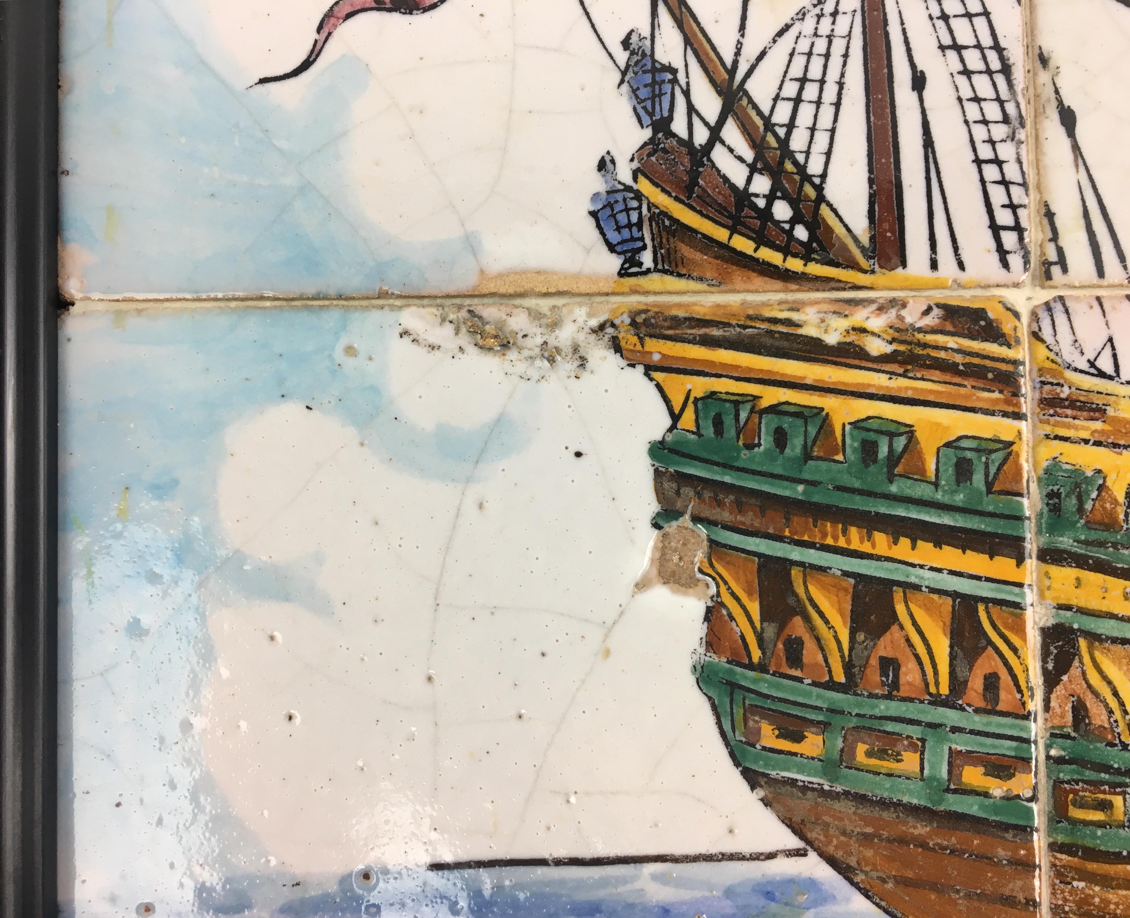 18th Century Portuguese Mural Tiles Wall Hanging with Sailboat on the Sea For Sale 2