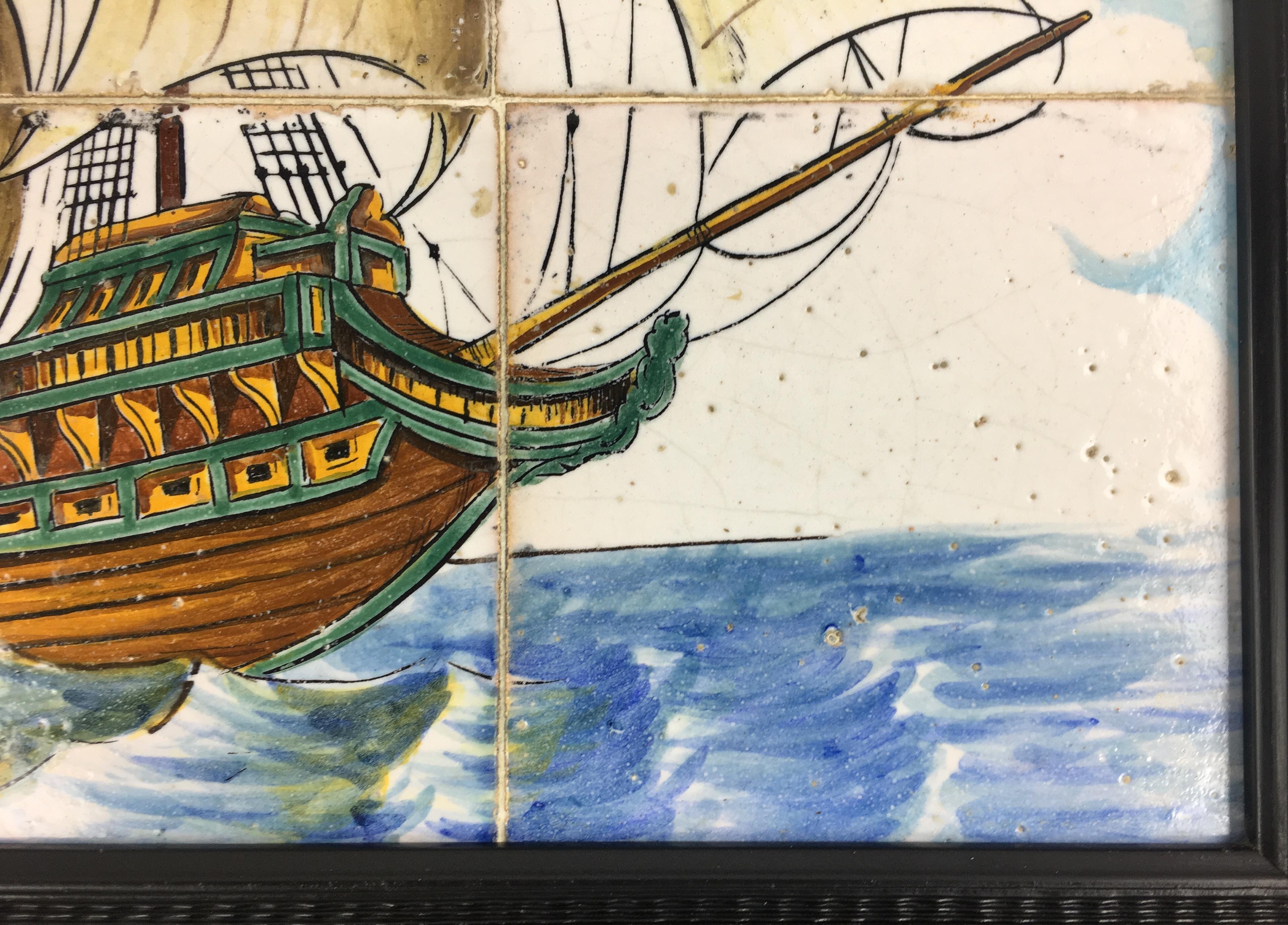 18th Century Portuguese Mural Tiles Wall Hanging with Sailboat on the Sea For Sale 3
