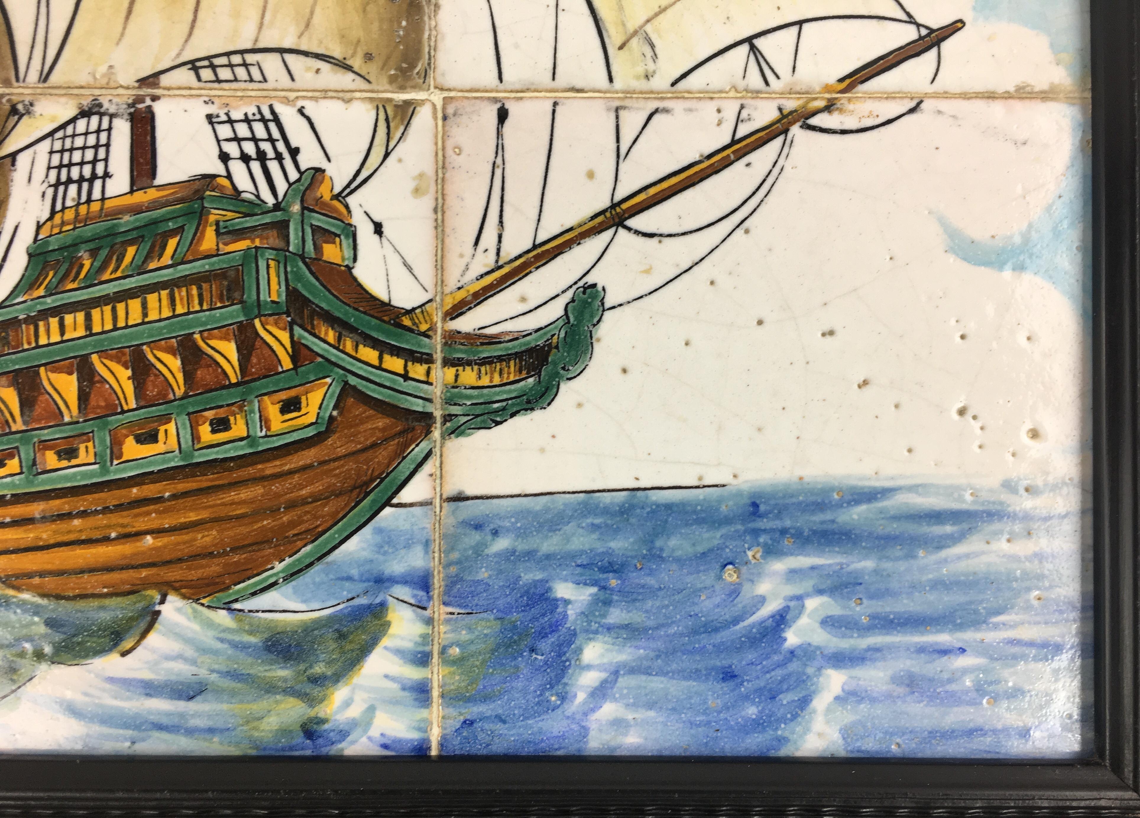 18th Century Portuguese Mural Tiles Wall Hanging with Sailboat on the Sea For Sale 4
