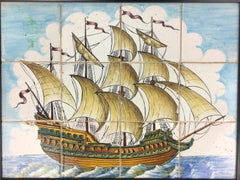 18th Century Azulejos Portuguese Mural Tiles Wall Hanging, Seascape Tile Art