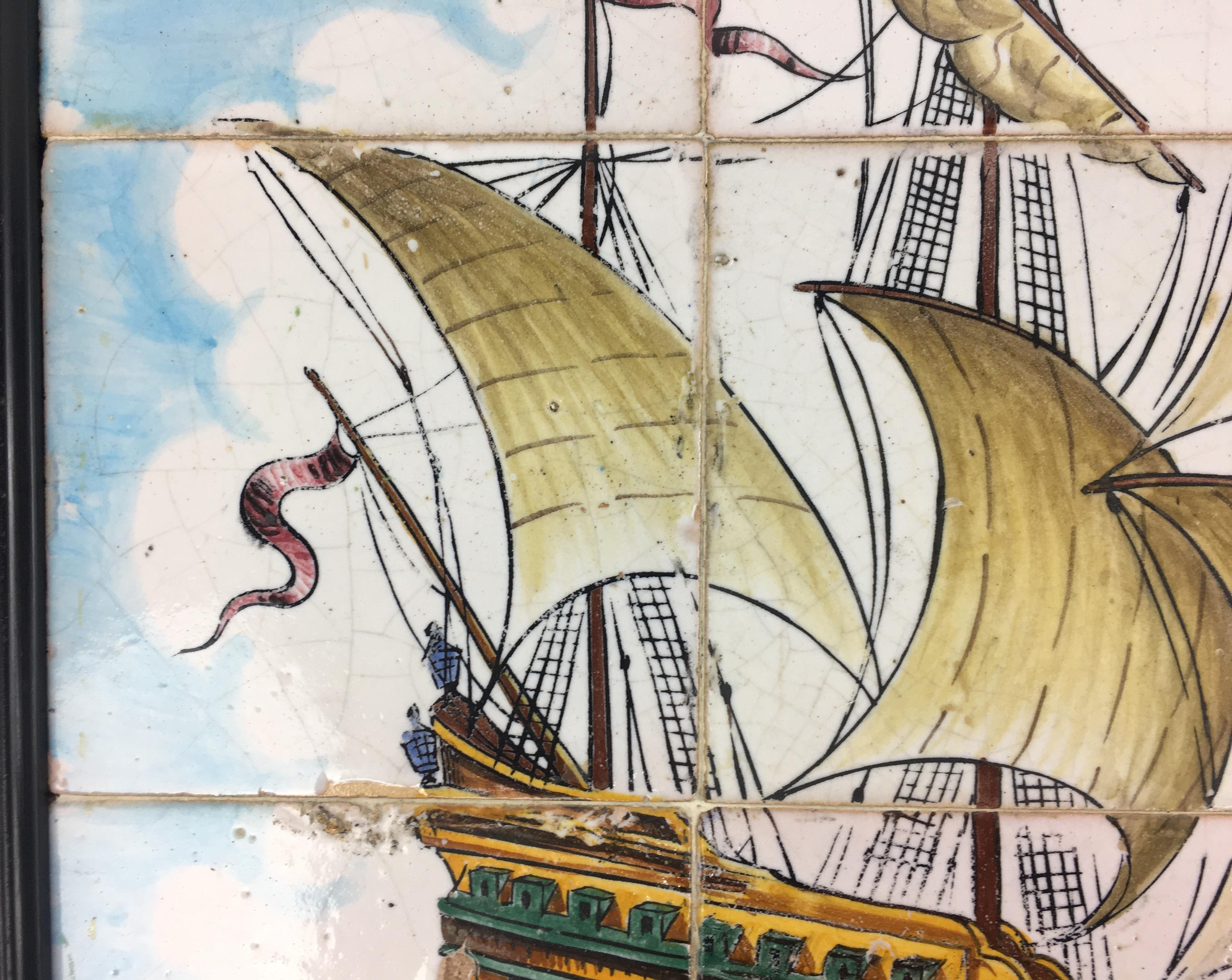 Portugiesische Wandfliesen des 18. Jahrhunderts, Wandbehang mit Segelboot am Meer im Zustand „Gut“ im Angebot in Miami, FL
