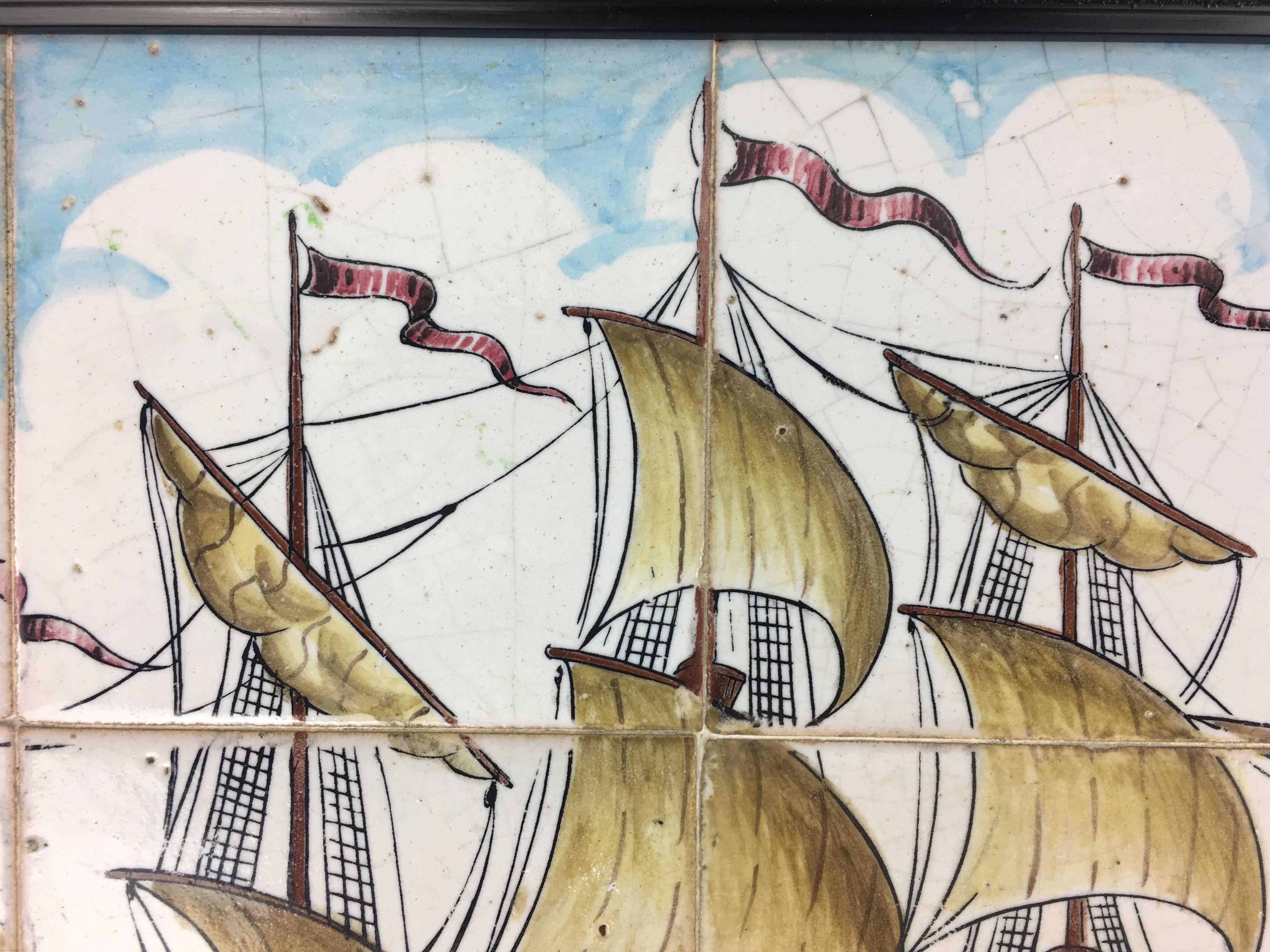 Hand-Crafted 18th Century Portuguese Mural Tiles Wall Hanging with Sailboat on the Sea For Sale