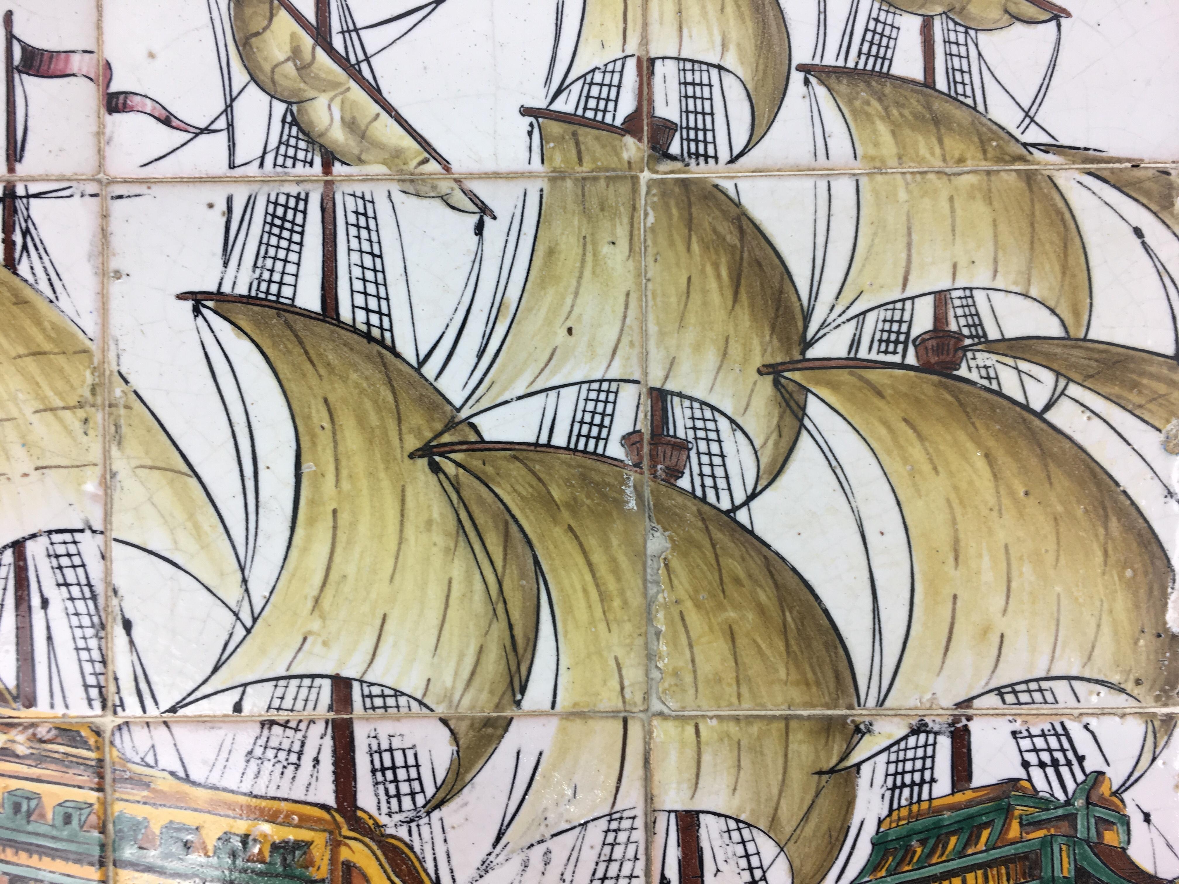 18th Century Portuguese Mural Tiles Wall Hanging with Sailboat on the Sea In Good Condition For Sale In Miami, FL
