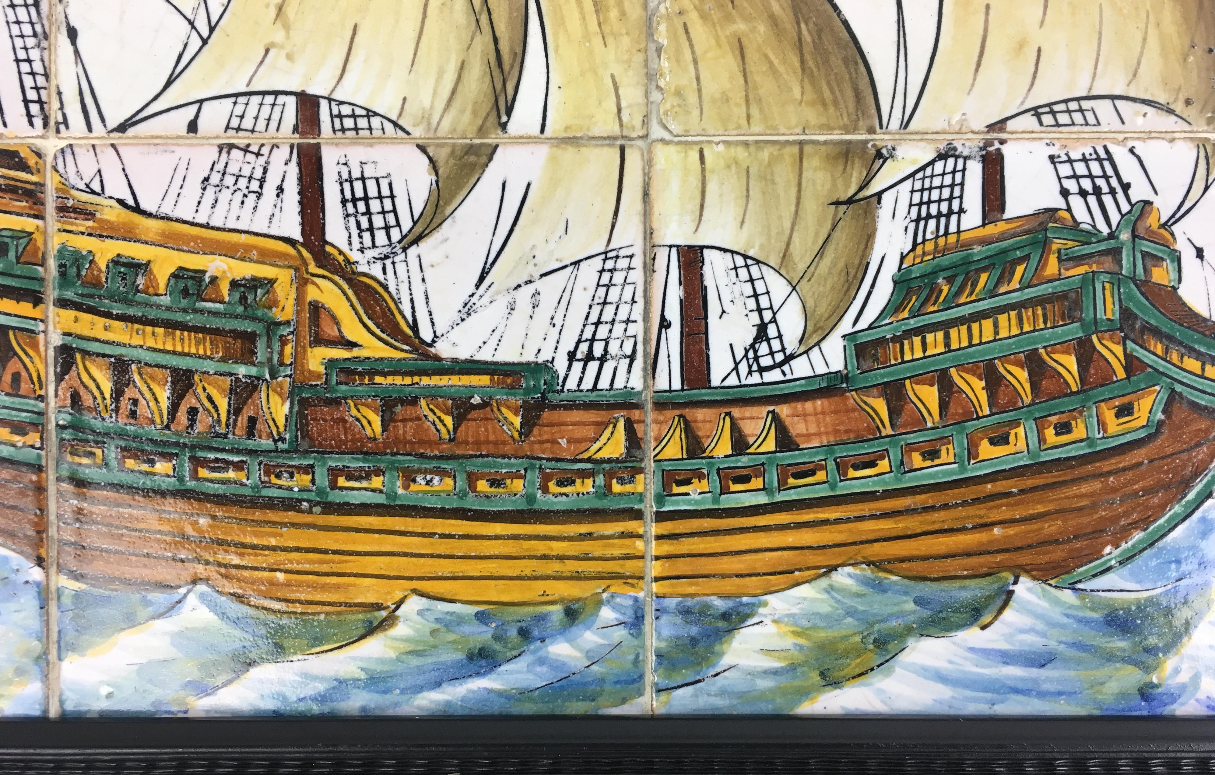 18th Century and Earlier 18th Century Portuguese Mural Tiles Wall Hanging with Sailboat on the Sea For Sale