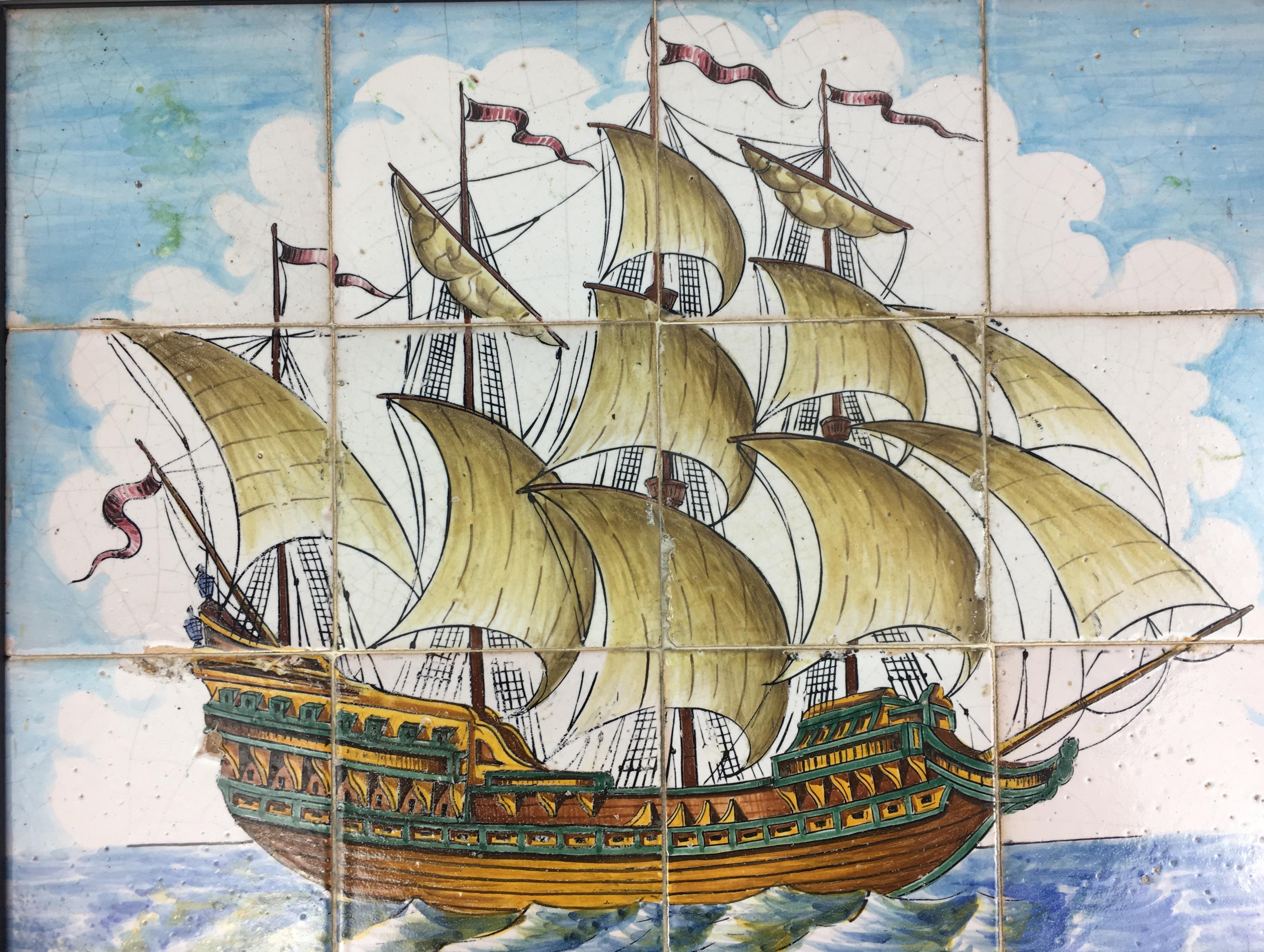 Faience 18th Century Portuguese Mural Tiles Wall Hanging with Sailboat on the Sea For Sale