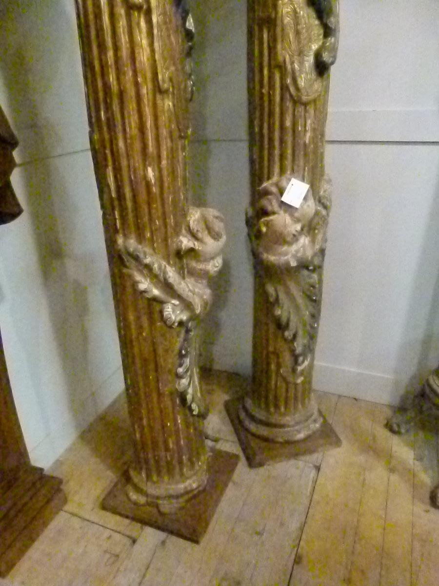 Louis XIV 18th Century Pair of Hand Carved Polychromed Wooden Columns