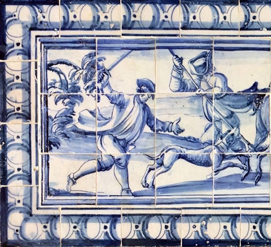 Lisbon, second half of the 18th century Portuguese tile panel representing a wild boar hunt.
Hunting scenes were very characteristic in Portugal in the 18th century normally applied in palaces.  
The  blue and white colors is an  influence by