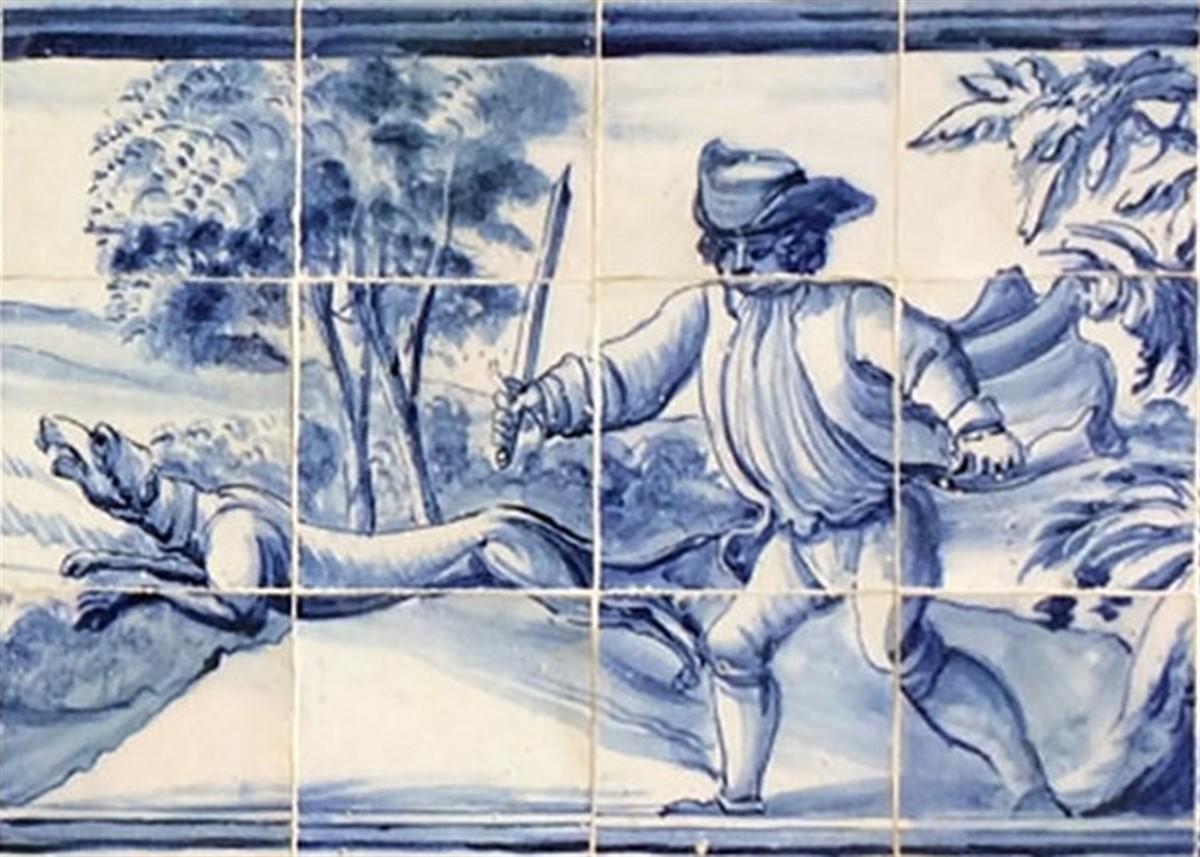18th Century Portuguese blue on white Panel Representing a Wild Boar Hunt In Fair Condition For Sale In Lisbon, PT