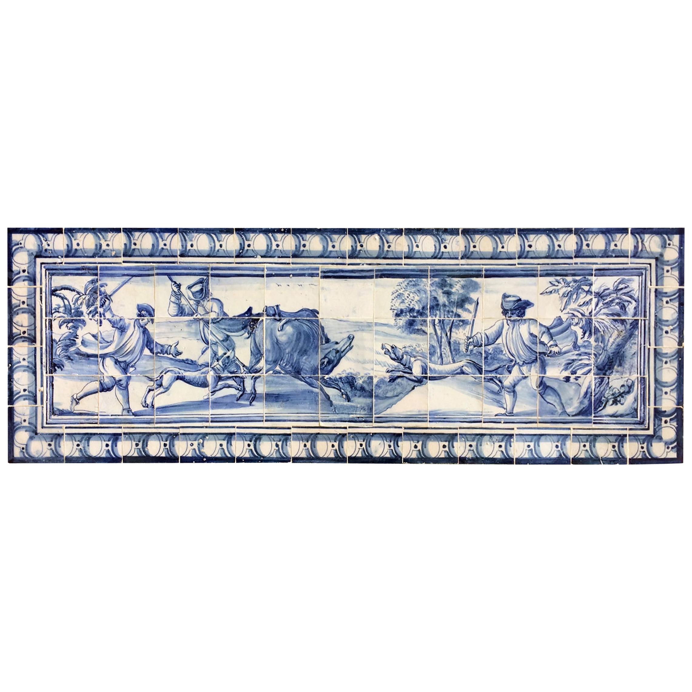 18th Century Portuguese blue on white Panel Representing a Wild Boar Hunt For Sale