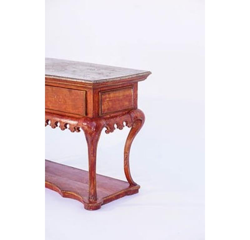 Portuguese Red Painted Console with single drawer, 18th Century.  Drawer lacking lock.  From the estate of Nicholas Cage... Belair, Ca, home.

Dimensions: 53