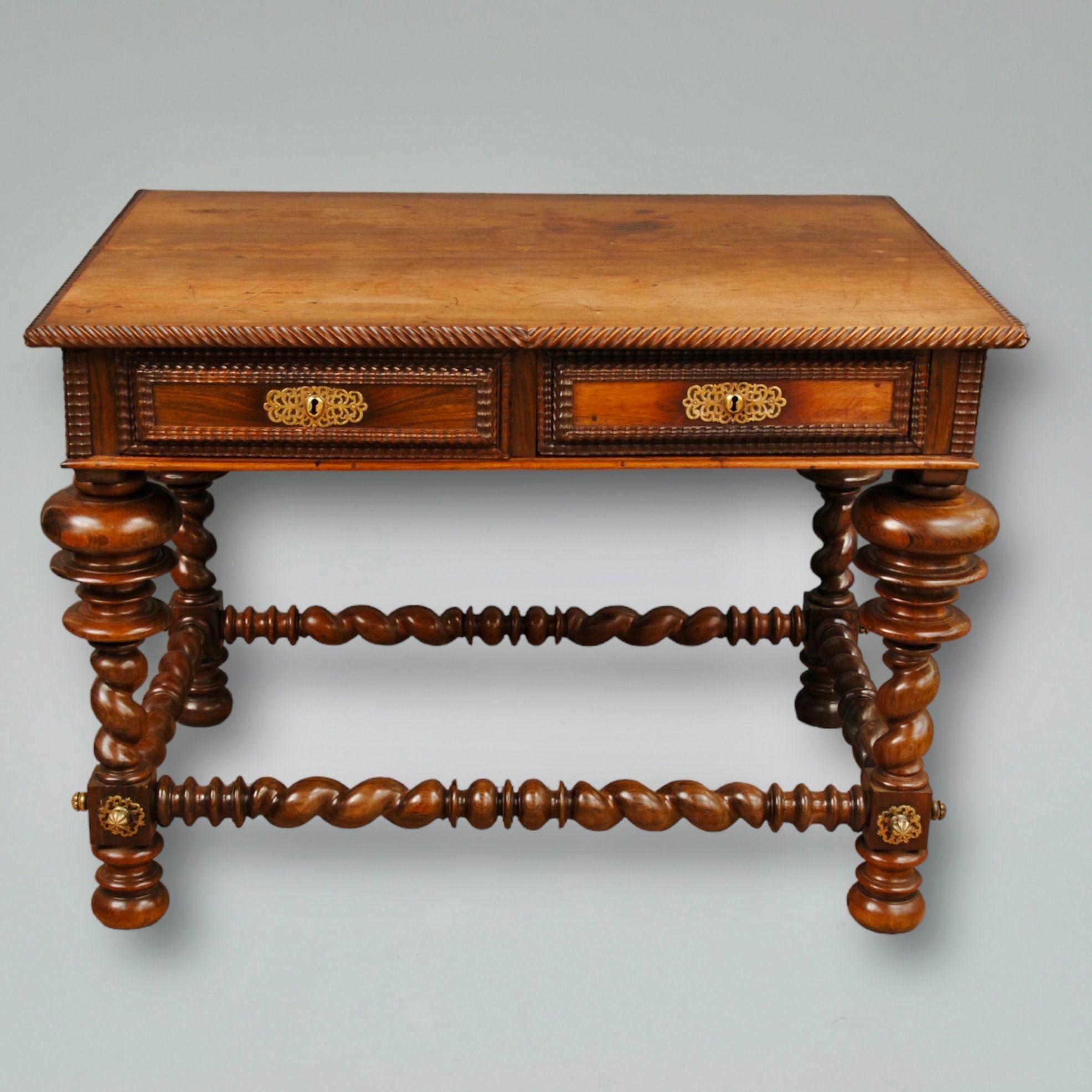 A fine example of a Portuguese rosewood table with turned bulbous legs and ripple moulds. This table has a rosewood top as many are teak and has a great colour and patination.