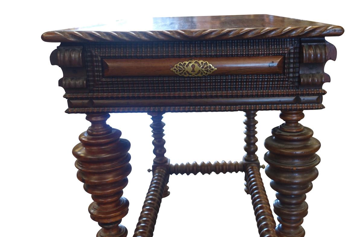 Traditional 18th century Portuguese side table with original decorative bronze ornamentation.
Ornate turned legs.
Two top drawers.
 