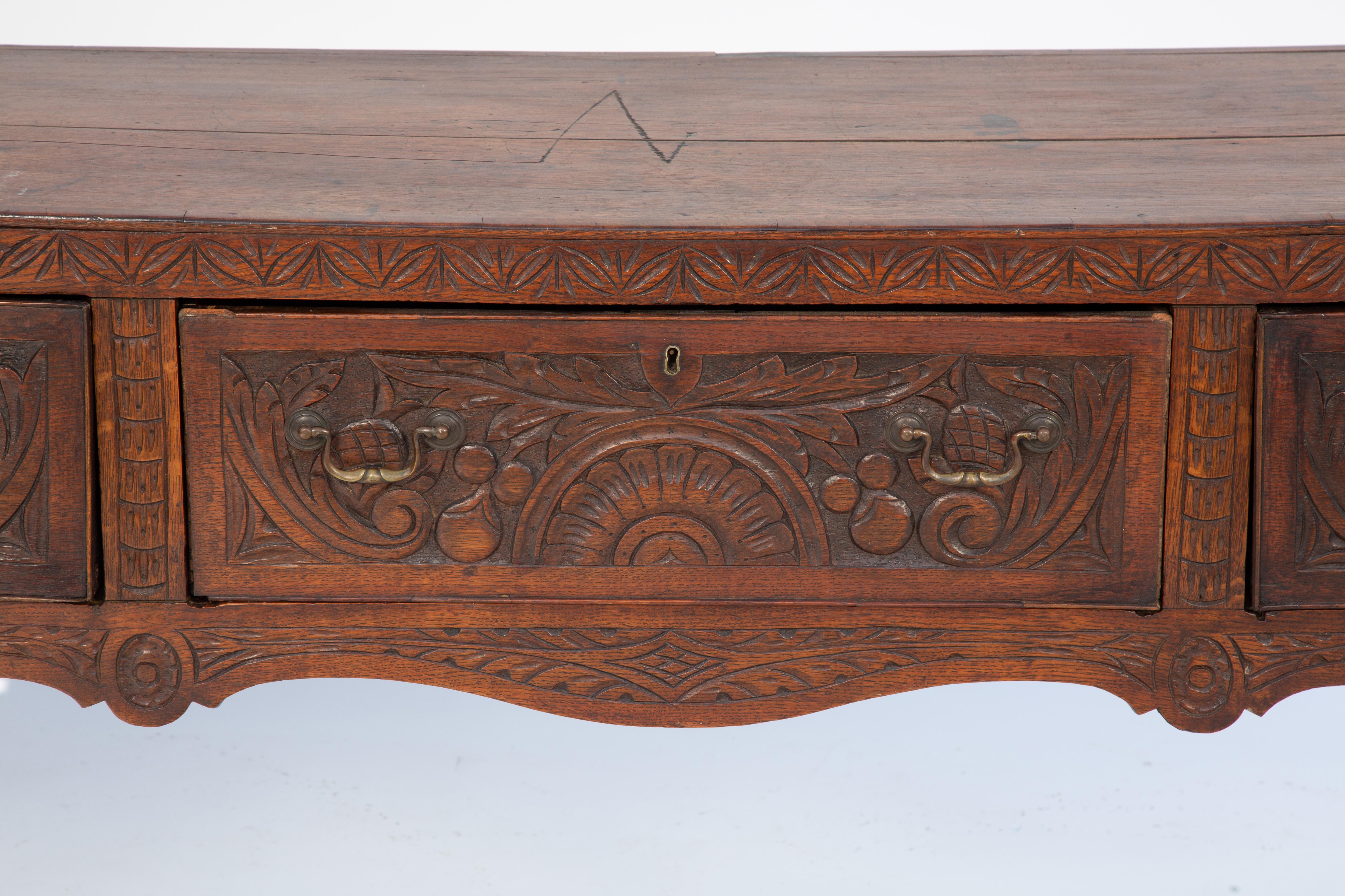 Hand-Carved 18th Century Portuguese Sideboard Console Table with Three Hand Carved Drawers For Sale