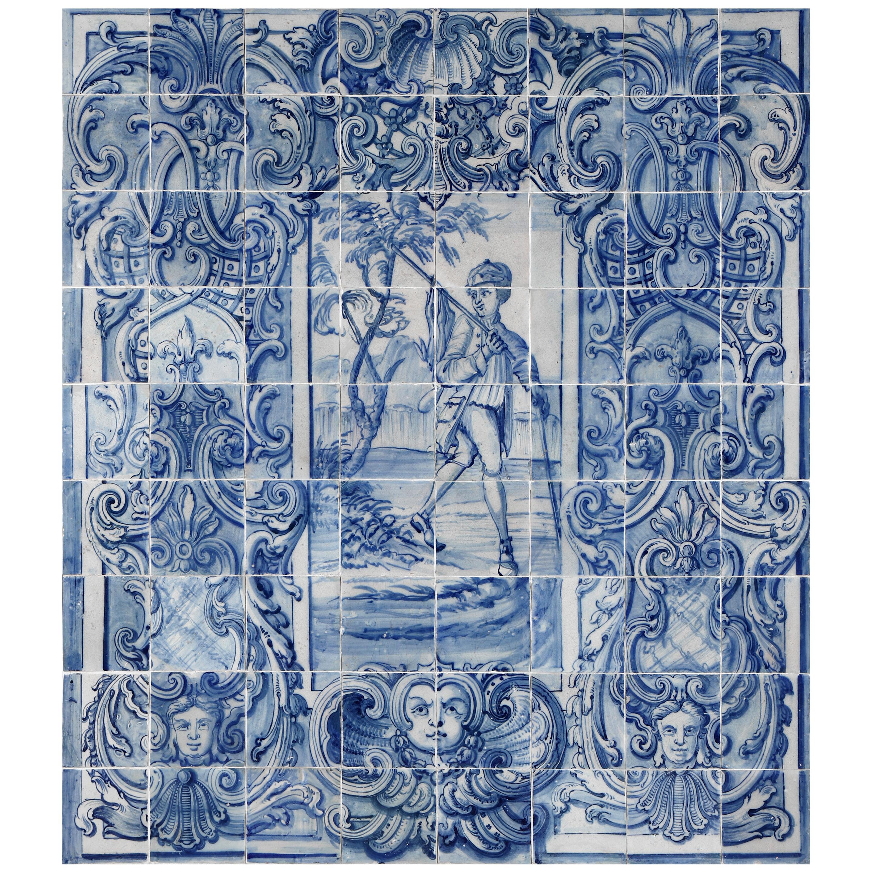 18th Century Portuguese Tile Mural Hunter in Blue For Sale