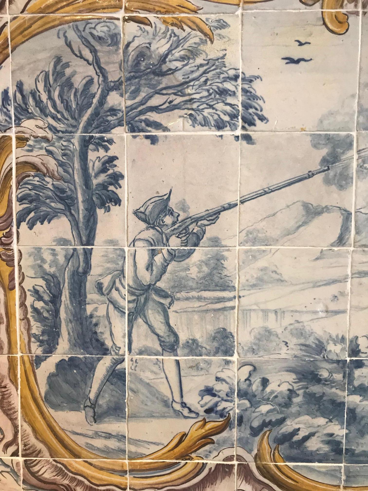 Portuguese figurative tile panel 1760-1780, Rococo, with a hunting scene figuration.

This panel together with another one also published 1stdips, represents a falcon hunting scene , extremely rare in the portuguese paintings. They were embedded