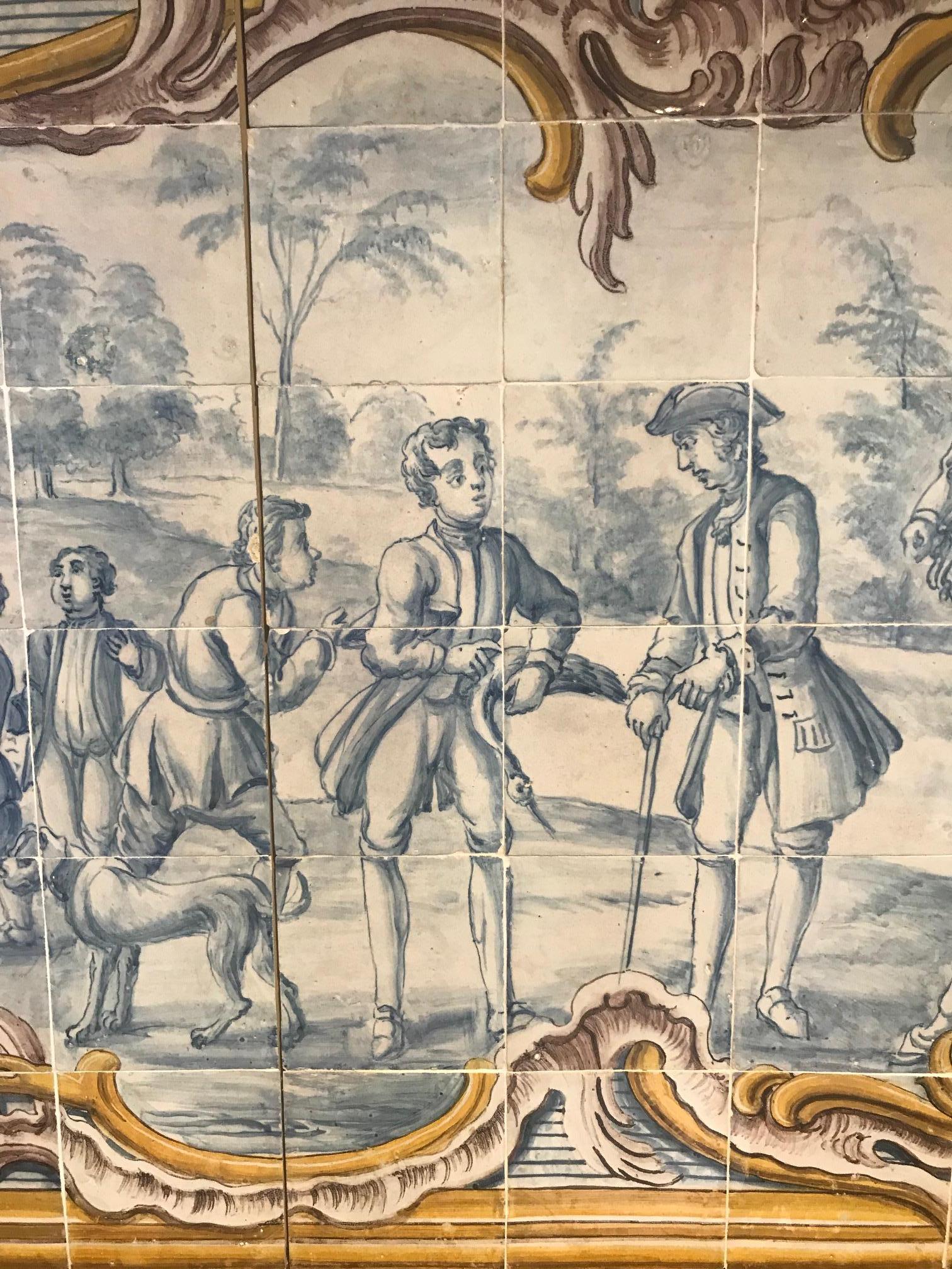 18th Century Portuguese Tile Panel  Falcon Hunting Scene In Good Condition For Sale In Lisbon, PT