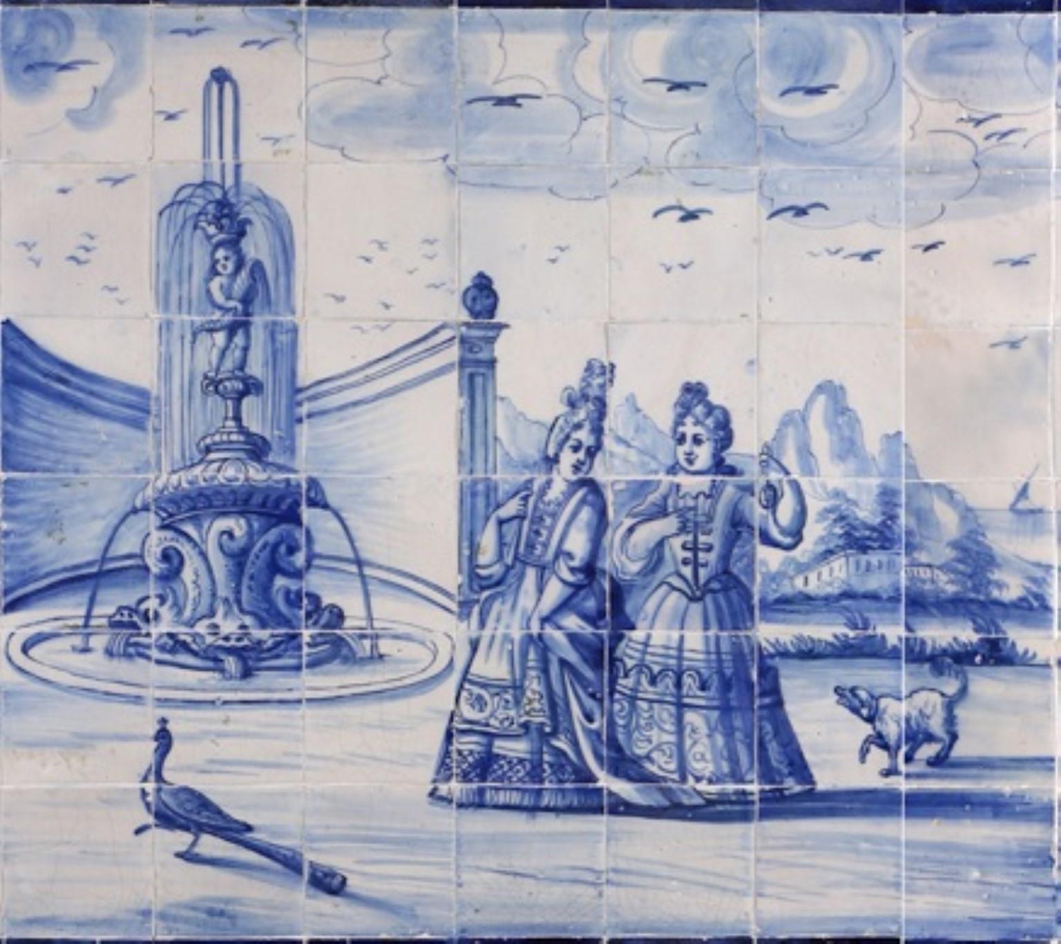 Important tiled mural from the master's cycle period in Portuguese tiles, produced in Lisboa, 1700-1730
Cobalt blue over white, 18th century baroque painting with an outdoor palatial garden by the sea.
The painting is attributed to the monogramist
