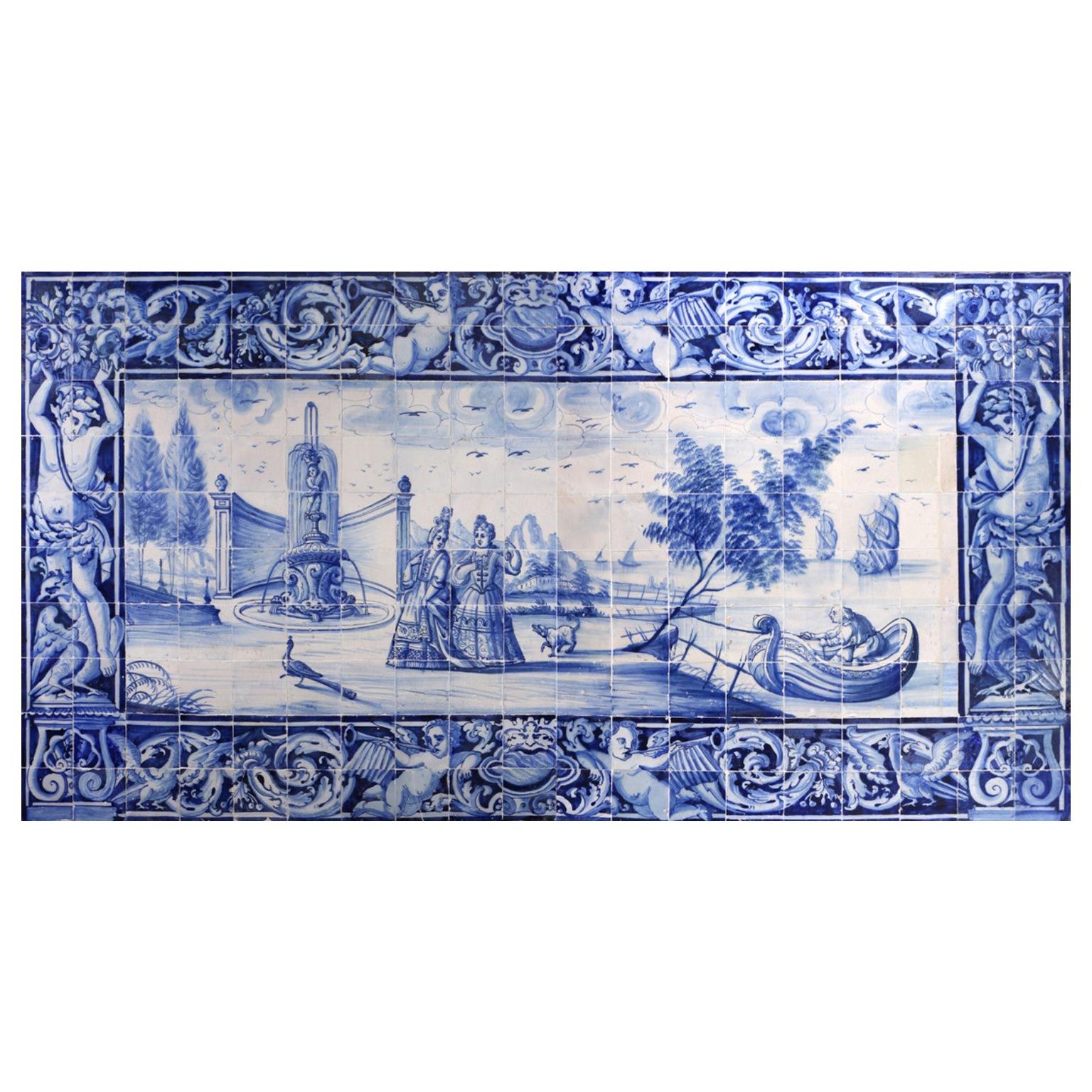 18th Century Portuguese Azulejos Panel "Ladies by the lake" in blue For Sale