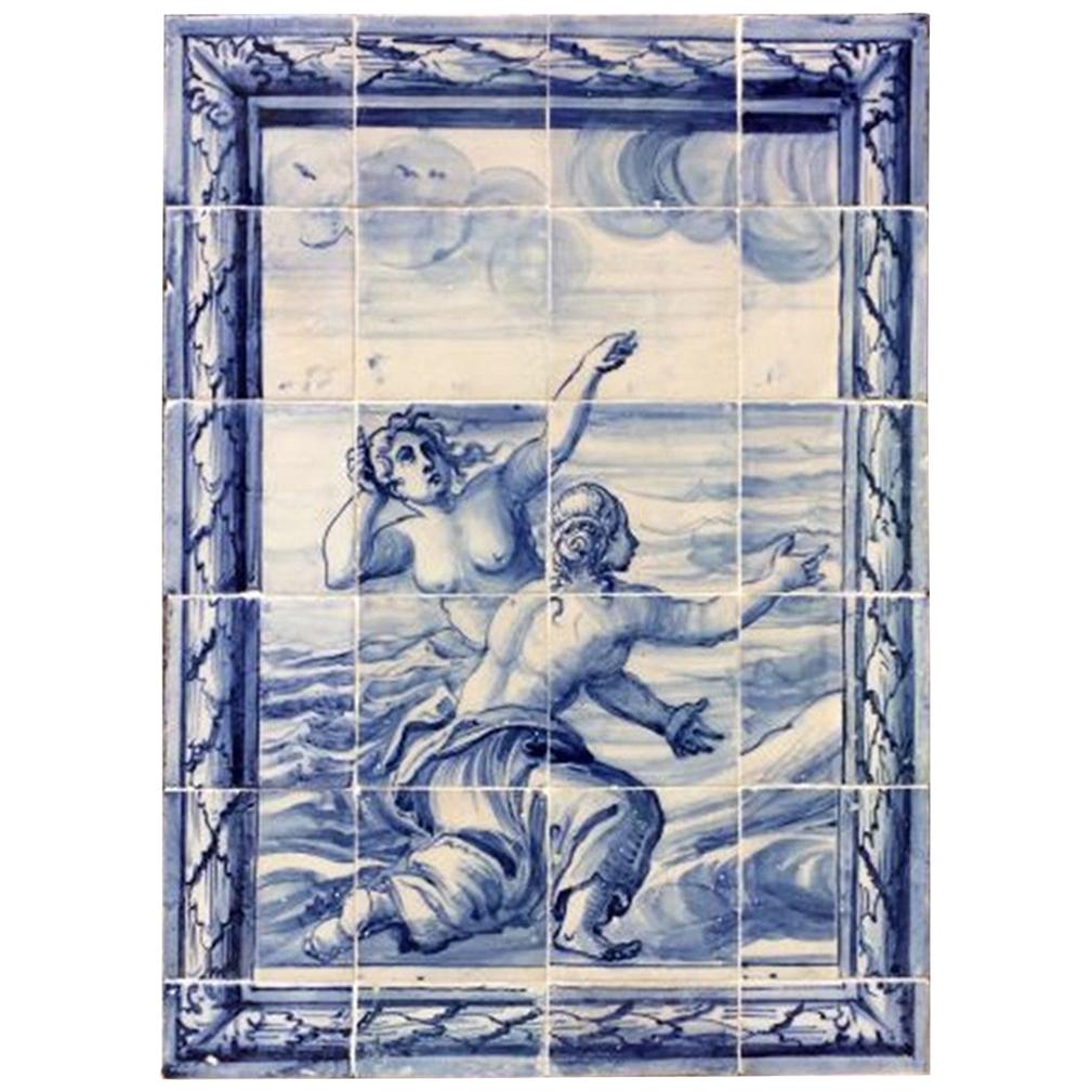 18th Century Portuguese blue on white Tile Panel "Mermaids"