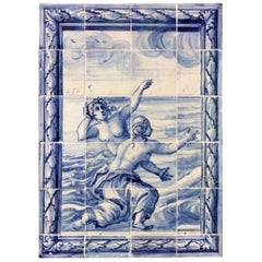 Antique 18th Century Portuguese blue on white Tile Panel "Mermaids"