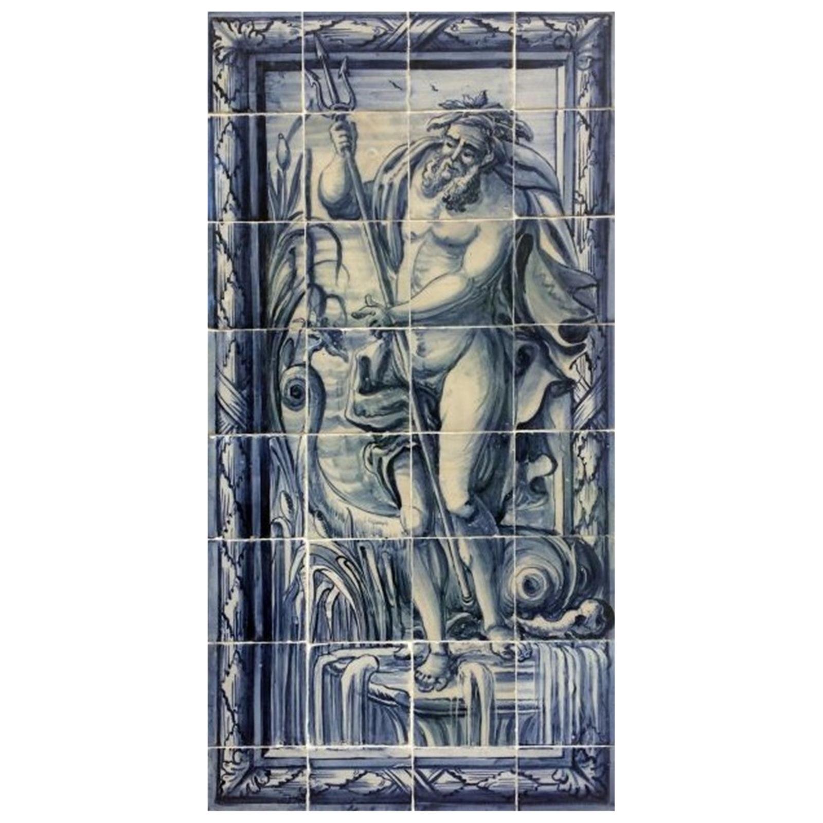18th Century Portuguese blue on white Tile Panel "Neptune" For Sale