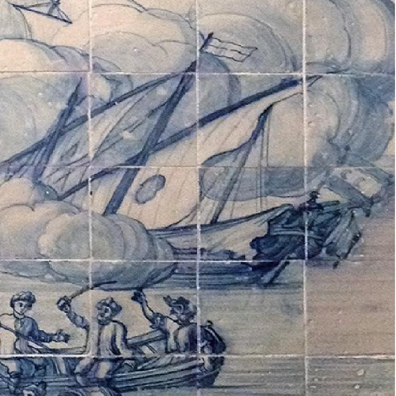 Terracotta 18th Century Portuguese Tiles Mural with Navy Battle in Blue For Sale